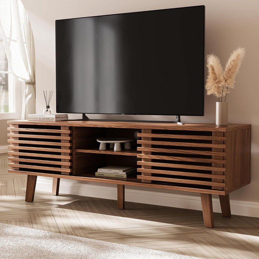 MAISONARIA Mid-Century Modern TV Stand for 50/55/60 inch TV, Retro Entertainment Center with Storage Cabinet & Sliding Door, TV Stand for Living Room, Bedroom