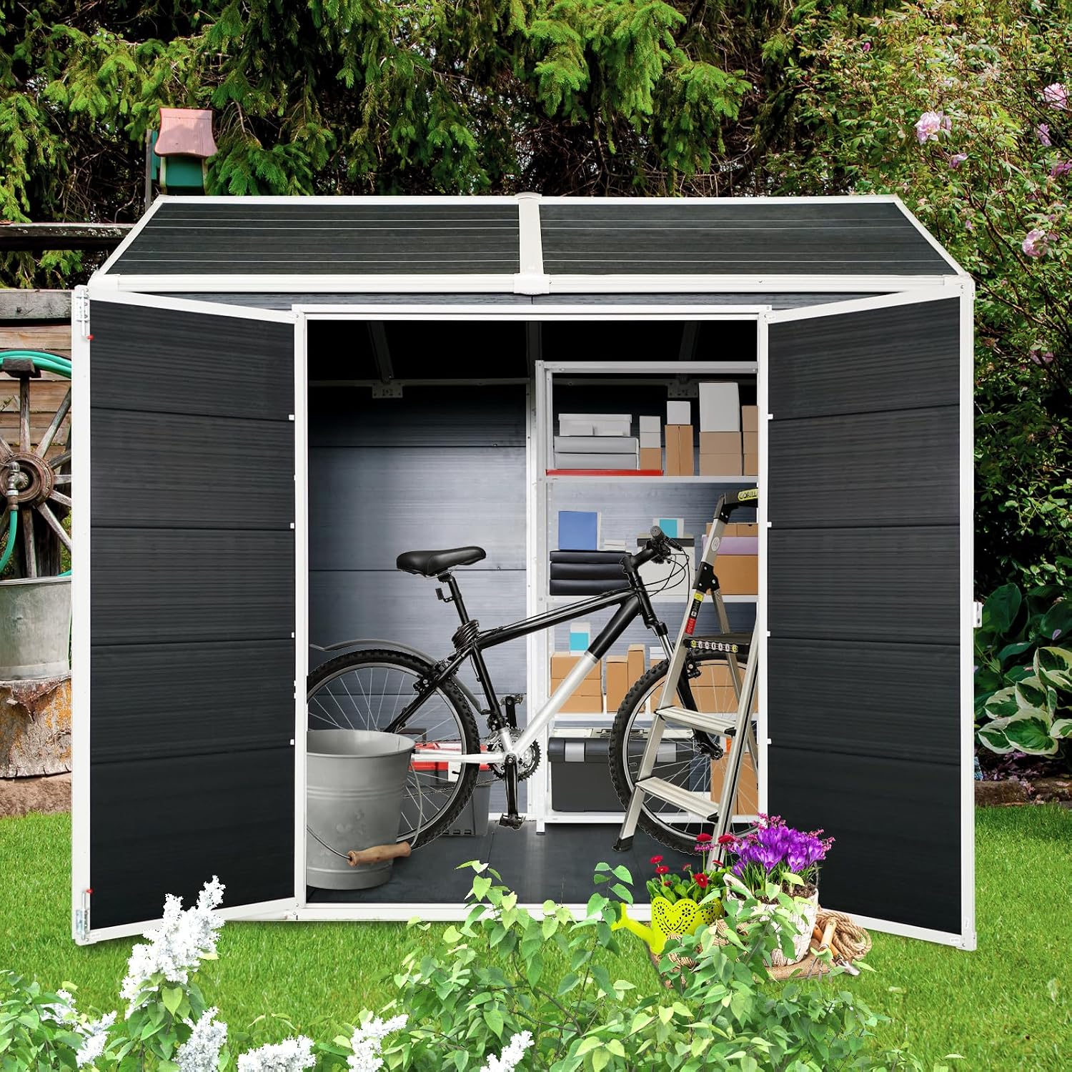 8x4ft Resin Outdoor Storage Shed: Double Doors & Two Windows, Heavy-Duty Plastic Shed with Floor, Waterproof UV-Proof Garden Tool Storage for Backyard, Patio, Yard, Lawn