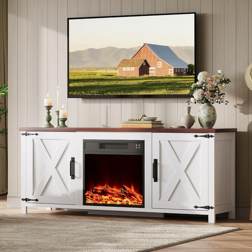 WLIVE Electric Fireplace TV Stand for TVs up to 65', Farmhouse Entertainment Center with X-Shaped Barn Doors & Storage Cabinets, Media TV Console for Living Room, Remote Control, White