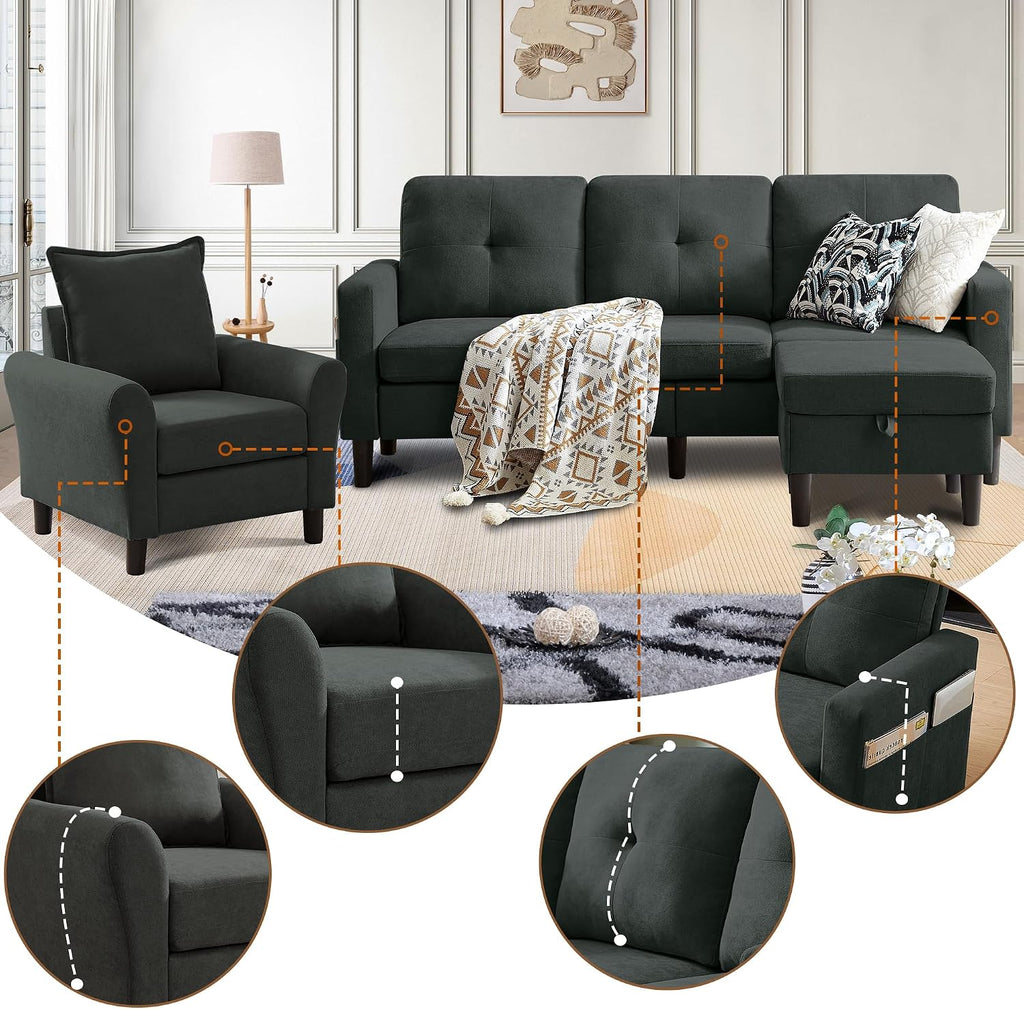 3 Piece Living Room Sofa Sets, Modern 3 Seater Sofa with Storage Ottoman and 2 PSC Armchair Couch Sets, Easy Assembly, Modern 5 Seat Sectional Couches for Living Room, Office,Black