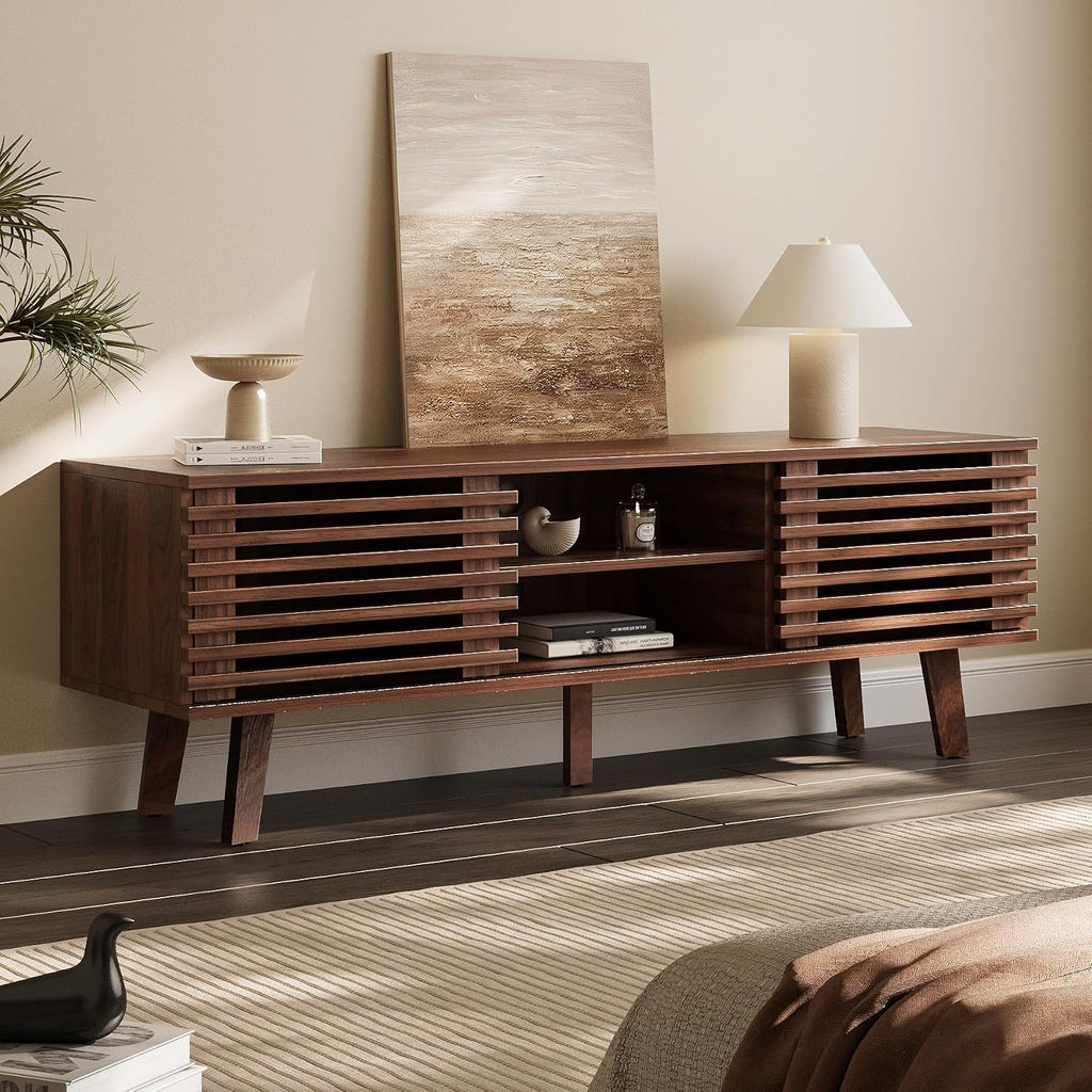 MAISONARIA Mid-Century Modern TV Stand for 50/55/60 inch TV, Retro Entertainment Center with Storage Cabinet & Sliding Door, TV Stand for Living Room, Bedroom