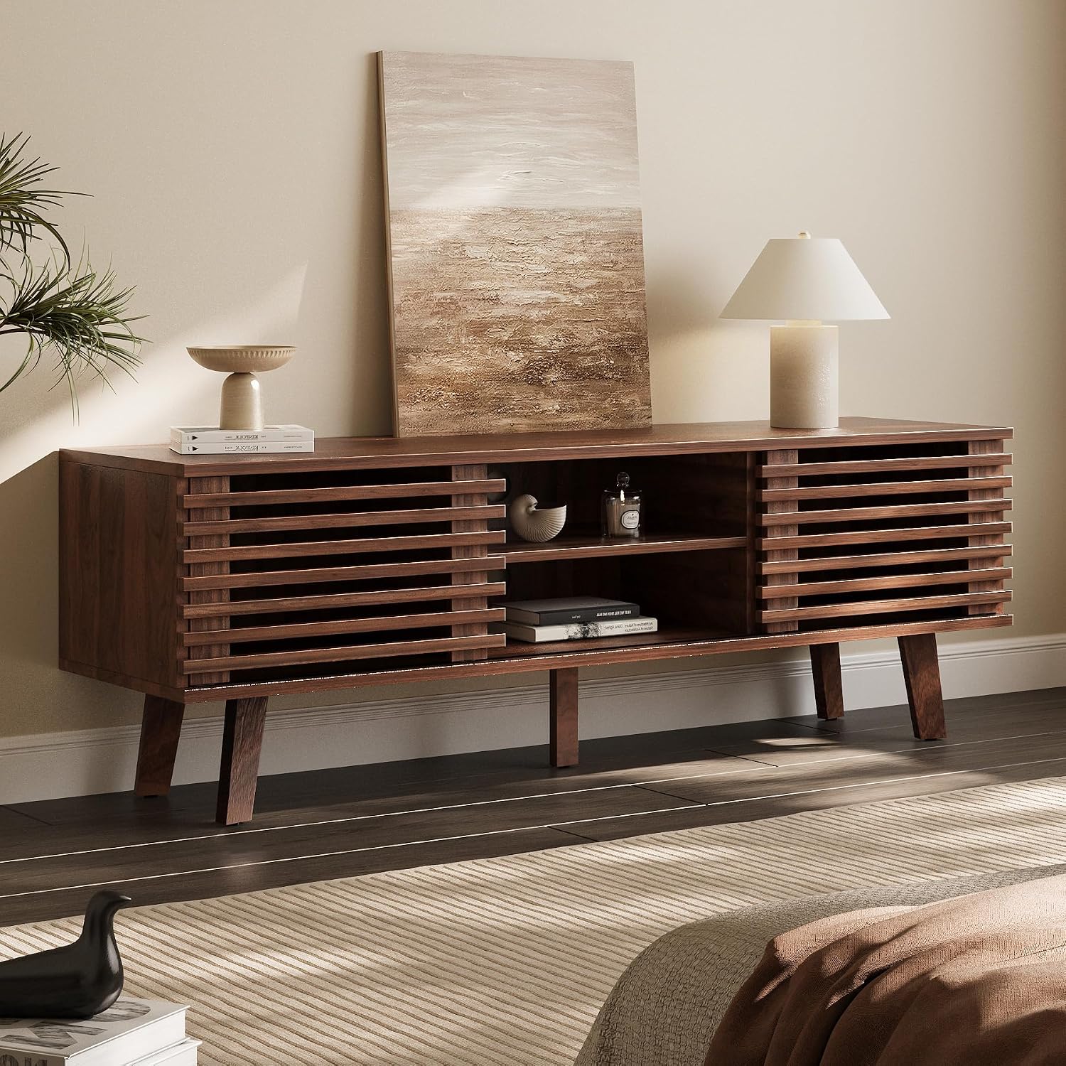 MAISONARIA Mid-Century Modern TV Stand for 50/55/60 inch TV, Retro Entertainment Center with Storage Cabinet & Sliding Door, TV Stand for Living Room, Bedroom