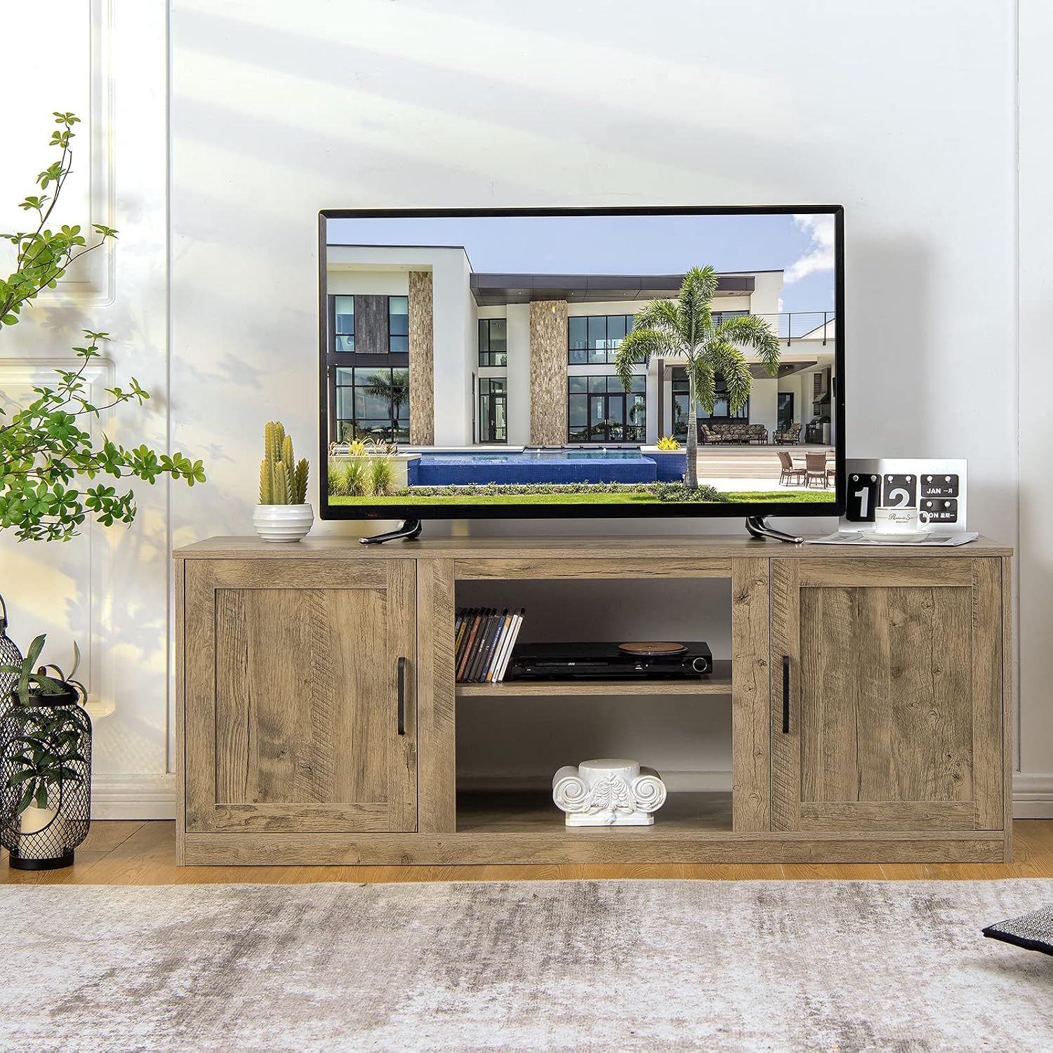 Tangkula Farmhouse TV Stand with Double Barn Doors, Media Entertainment Center for TVs up to 65 Inch, Rustic Wood TV Console Table with Storage Cabinets & Adjustable Shelves for Living Room