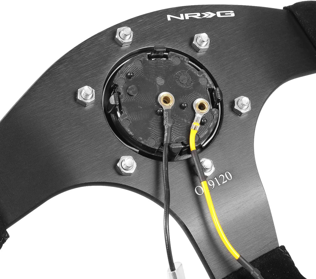 NRG Innovations NRG-RST-024MB-S-Y Reinforced Steering Wheel - 320mm Sport Suede Flat Bottom with Yellow Center Mark