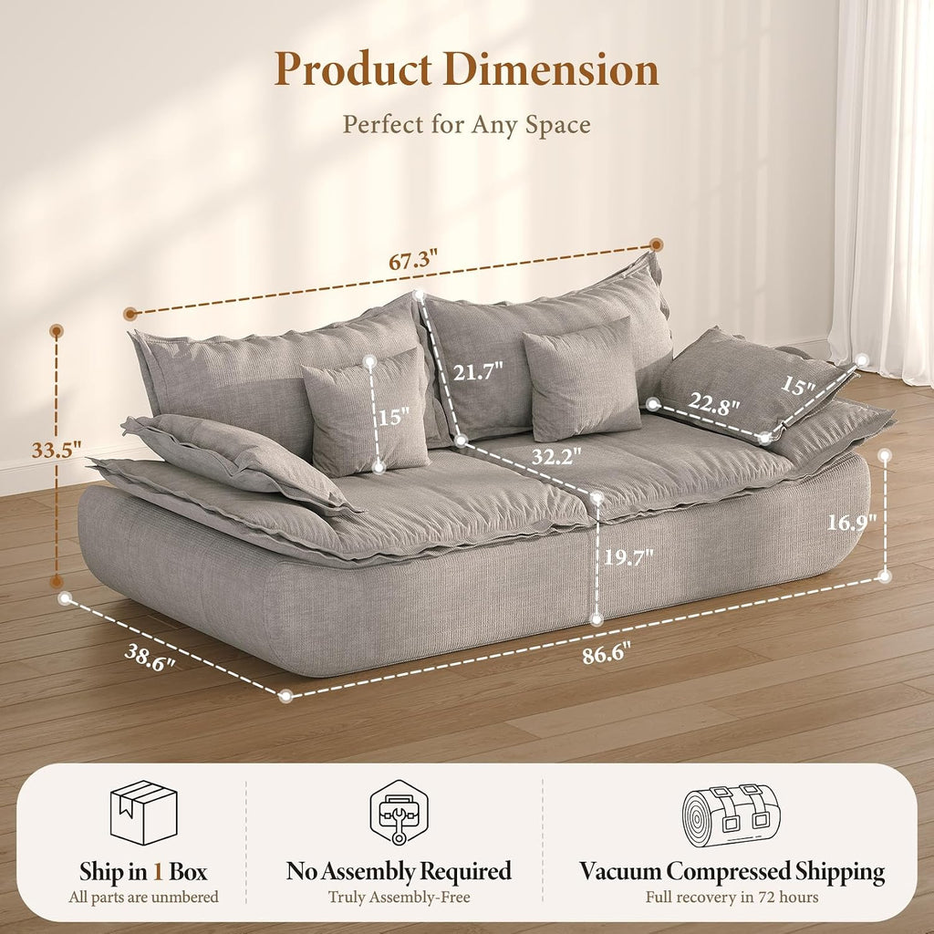 Vesgantti 86.6' Cloud Couch for Living Room, Modern 3 Seater Sailboat Sofa with Deep Seat, Comfy Chenille Upholstered Boneless Couch with Curved Armrest, No Assembly Required, Light Grey