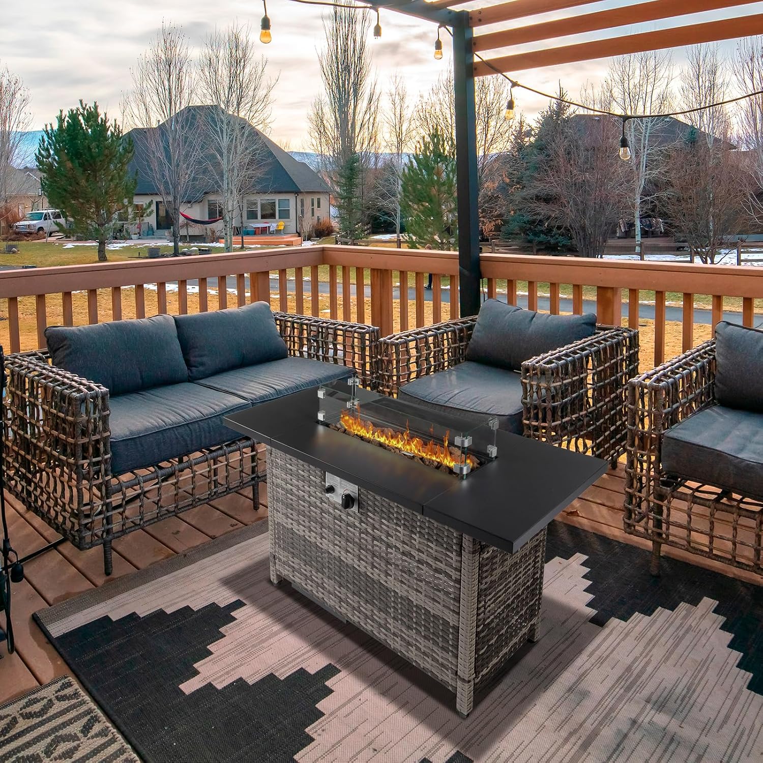 VINGLI Fire Pit Table, 43 'Gas Firepit Table, 50,000 BTU Outdoor Propane Fire Pit, Rattan Finish, Spliced Metal Tabletop, Lava Rock, Rain Cover, Windshiel for Patio Garden or Thanksgiving - Grey