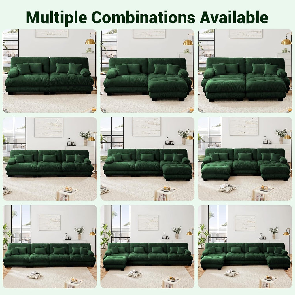 Modular Sectional Sofa, Comfy Cloud Couch Oversized Loveseat with Ottoman, Sectional Couches for Living Room, Modern Chenille L Shaped Couch, Sleeper Deep Seat Sofa with Throw Pillows, Green