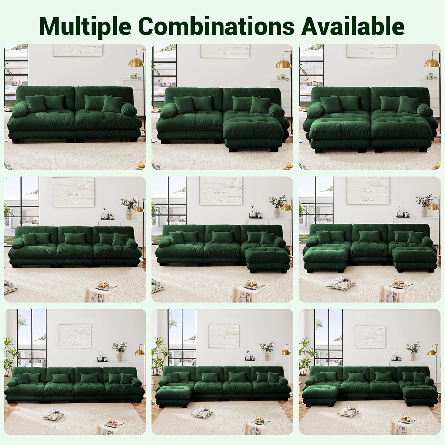 Modular Sectional Sofa, Comfy Cloud Couch Oversized Loveseat with Ottoman, Sectional Couches for Living Room, Modern Chenille L Shaped Couch, Sleeper Deep Seat Sofa with Throw Pillows, Green
