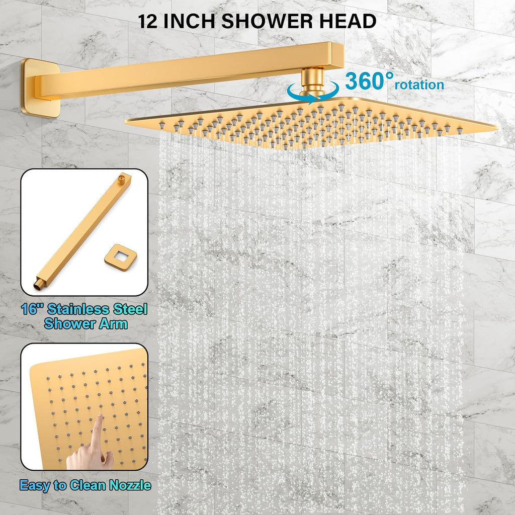 FPXRNG Gold Shower Faucet Set, Rainfall Shower System with Rain Shower Head and Handle Set, Wall Mounted Shower Fixtures, Full Metal Trim Repair Kit 12 inch Paint Gold (With Shower Valve)