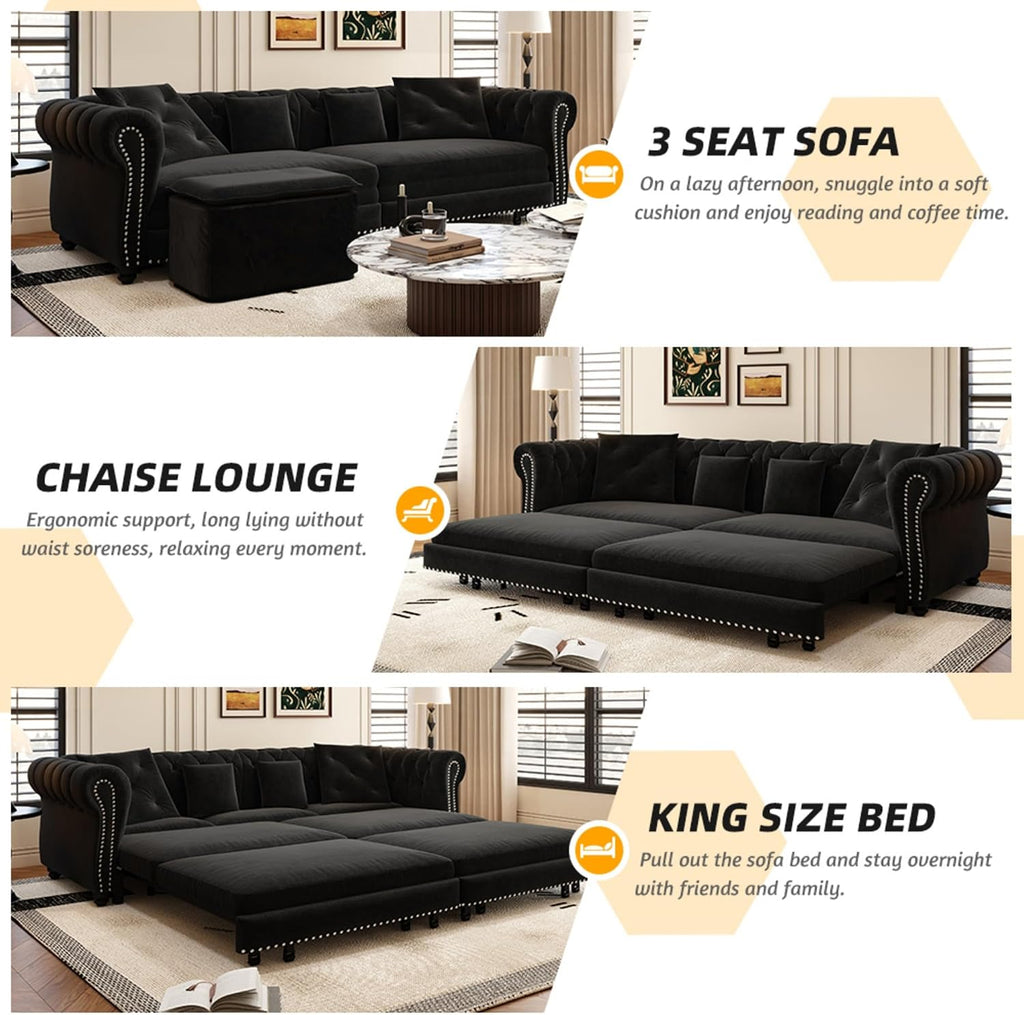 Ball & Cast 3-in-1 Convertible Sofa Bed with Movable Ottoman, 89' Pull Out Couch Bed King Size, Velvet 3 Seater Sleeper Sofa with Nailhead Trim & Rolled Arm,Sofa Couches for Living Room,Black