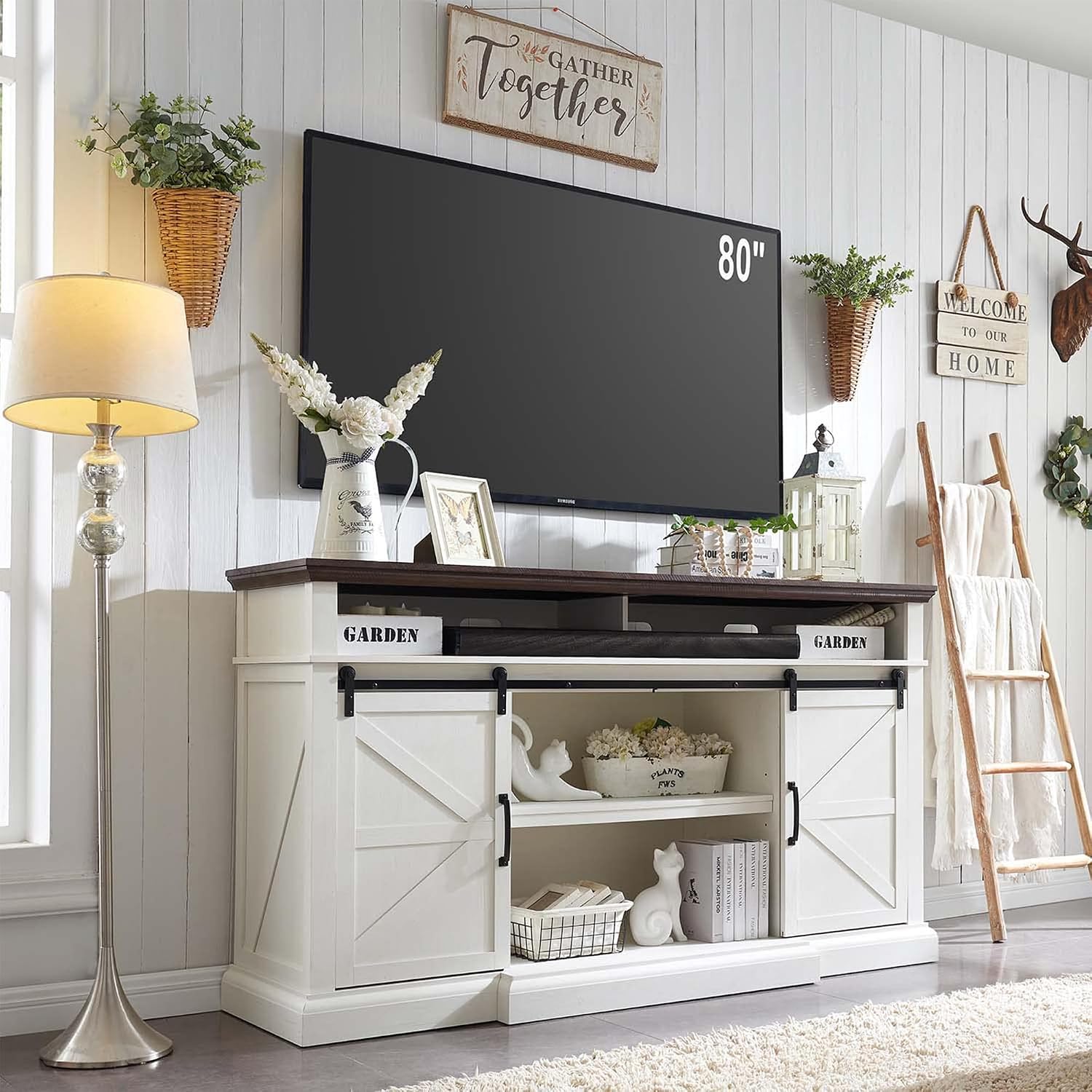 Farmhouse TV Stand for 80 Inch TVs, 37.4'Tall Entertainment Center w/Storage Cabinets and Sliding Barn Door, Media Console Cabinet w/Soundbar & Adjustable Shelves for Living Room, 70 inch (White)