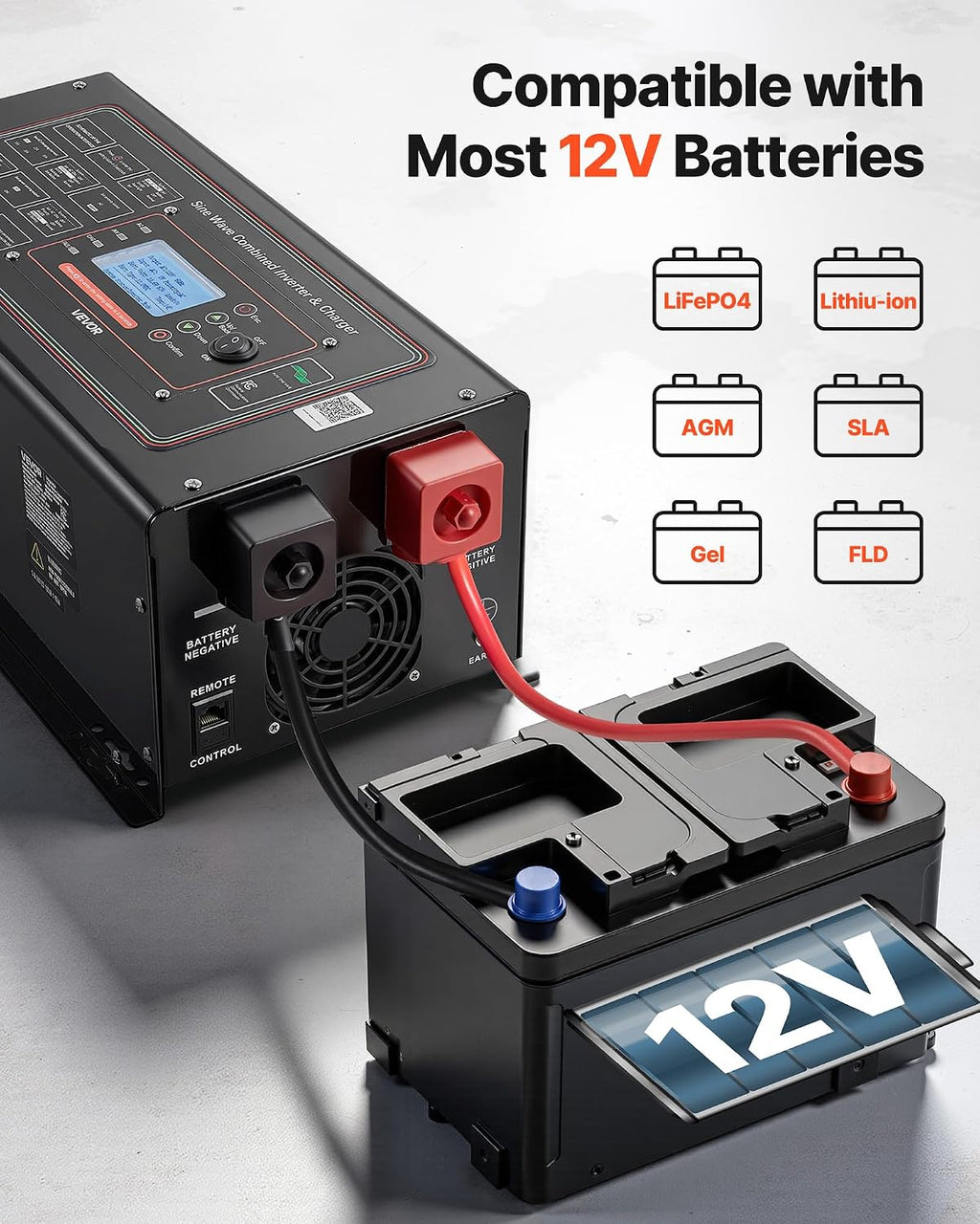VEVOR Pure Sine Wave Inverter Charger, 1200W, DC 12V to AC 120V Power Inverter with LCD Display, Remote Control, Low Frequency, for RV Camper Home, Compatible with 12V LiFePO4 Lithium Batteries