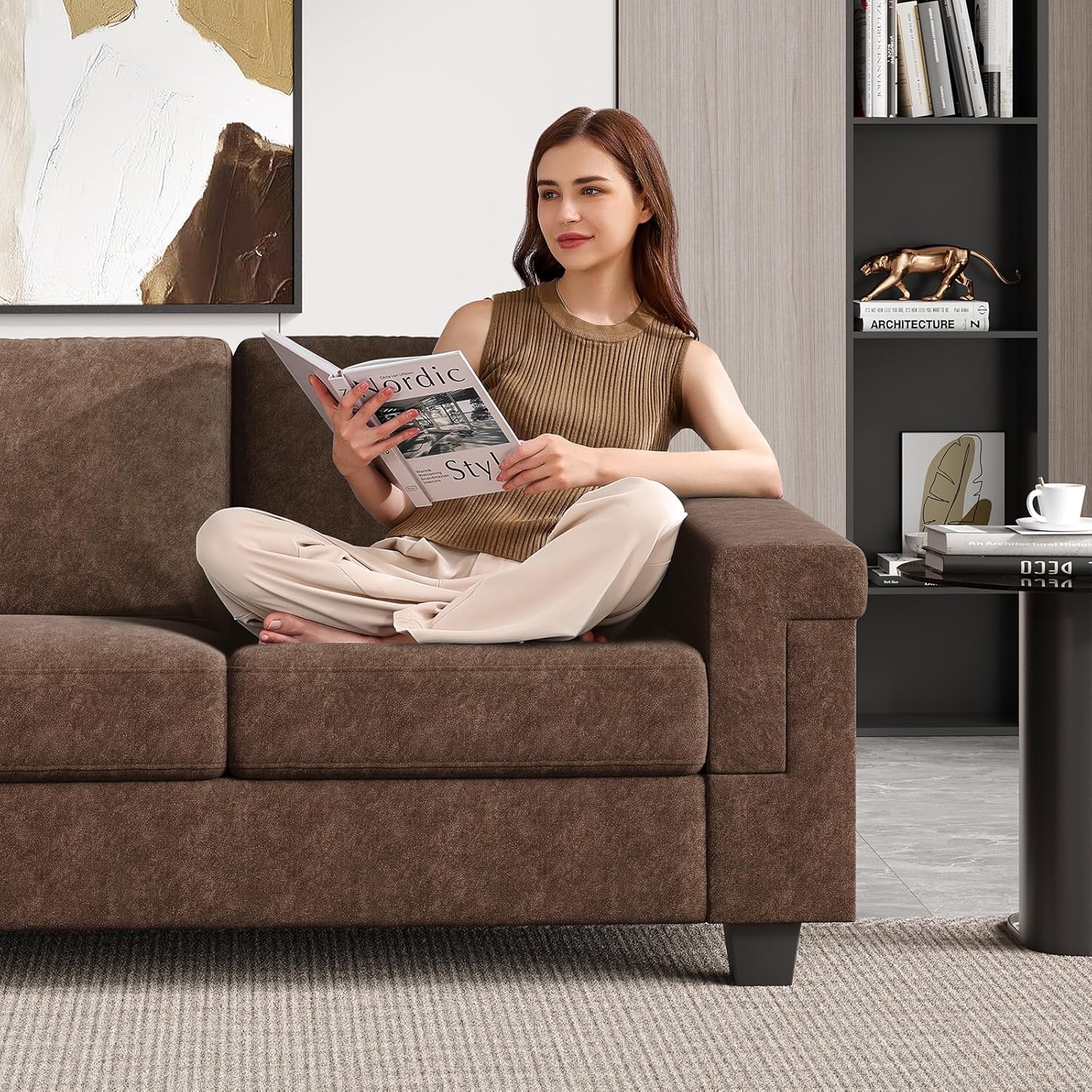 COPIAE 3 Seater Sofa Couch with Deep Seat, 90' Modern Upholstered Sofa with Armrests, Easy Installation, Comfy Couches for Living Room, Apartment,Dark Brown