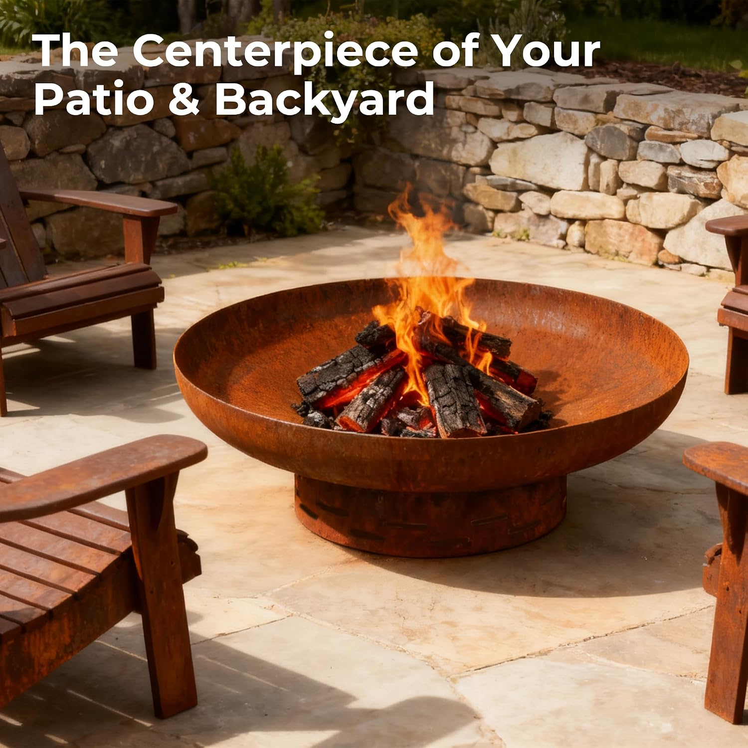 KOL Fire Pit for Outside Wood Burning, 35.5 Inch Large Round Firepit Bowl Outdoor and Patio, Heavy-Duty Bonfire Pit Oxidized Finish, Free-Standing, Camping Backyard Terrace