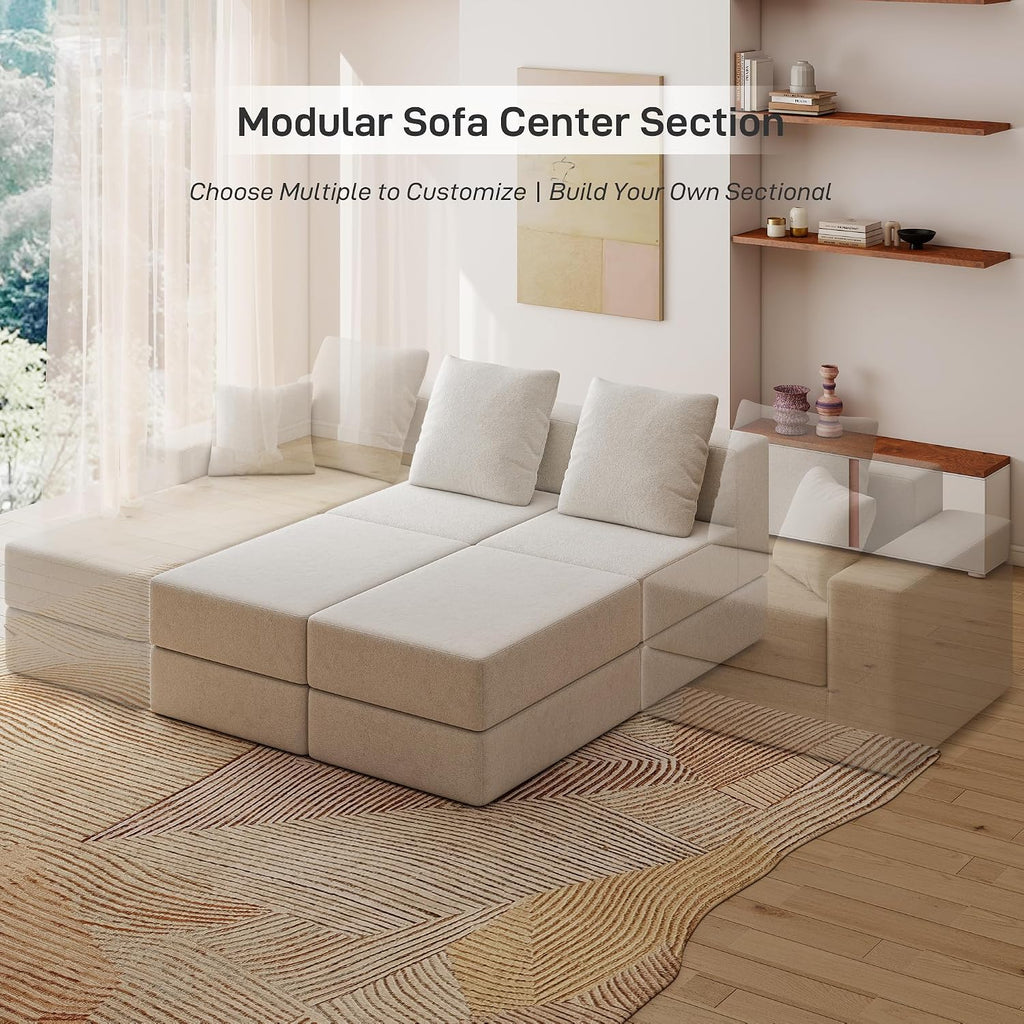 Living&Giving Cloud Sectional Couch for Living Room, Modular Boneless Couch with 1 Ottoman, Middle-seat Can Be Combined with Modular Sofa, Customizable Layout for Any Space, Beige
