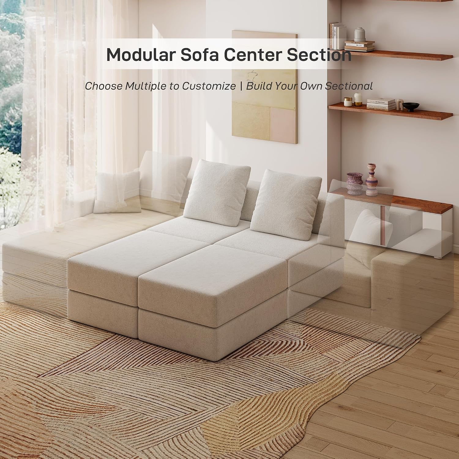 Living&Giving Cloud Sectional Couch for Living Room, Modular Boneless Couch with 1 Ottoman, Middle-seat Can Be Combined with Modular Sofa, Customizable Layout for Any Space, Beige