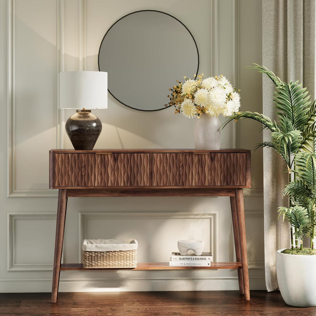 Console Table with Solid Wood Leg,Fluted Entryway Table with Storage Drawers, Mid-Century Modern Narrow Console Table for Living Room,Hallway,Walnut