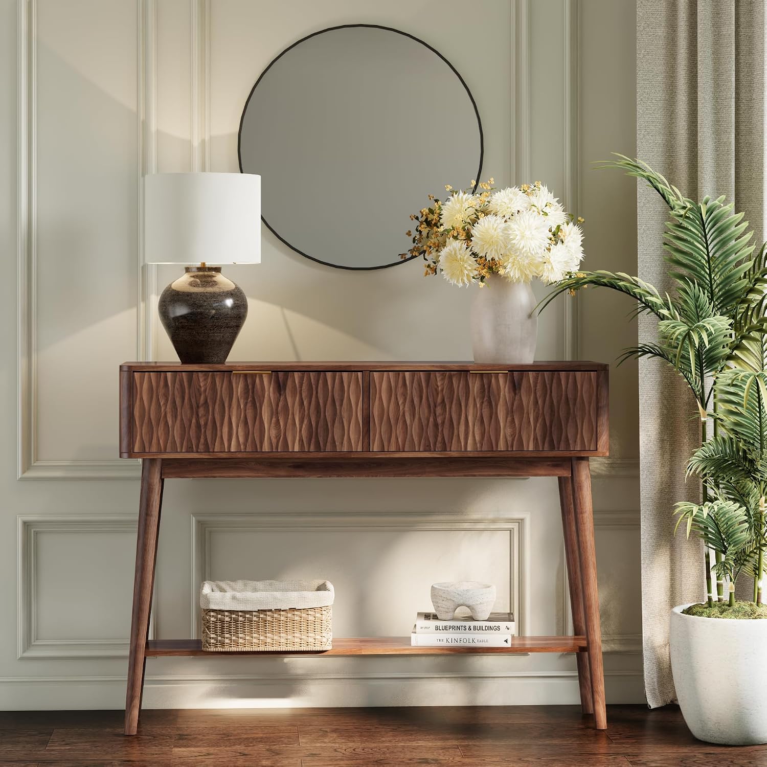 Console Table with Solid Wood Leg,Fluted Entryway Table with Storage Drawers, Mid-Century Modern Narrow Console Table for Living Room,Hallway,Walnut