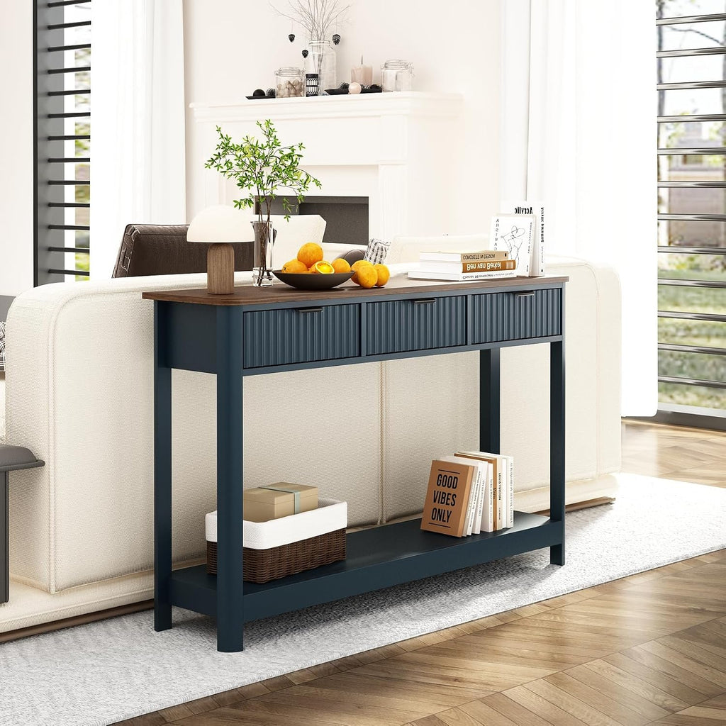 RUSTOWN Fluted Wood Console Table with 3 Drawers, 47.2' Modern Farmhouse Sofa Table & Entryway Table with Open Storage Shelf, Narrow Hallway Table for Living Room, Foyer and Hallway (Navy Blue)