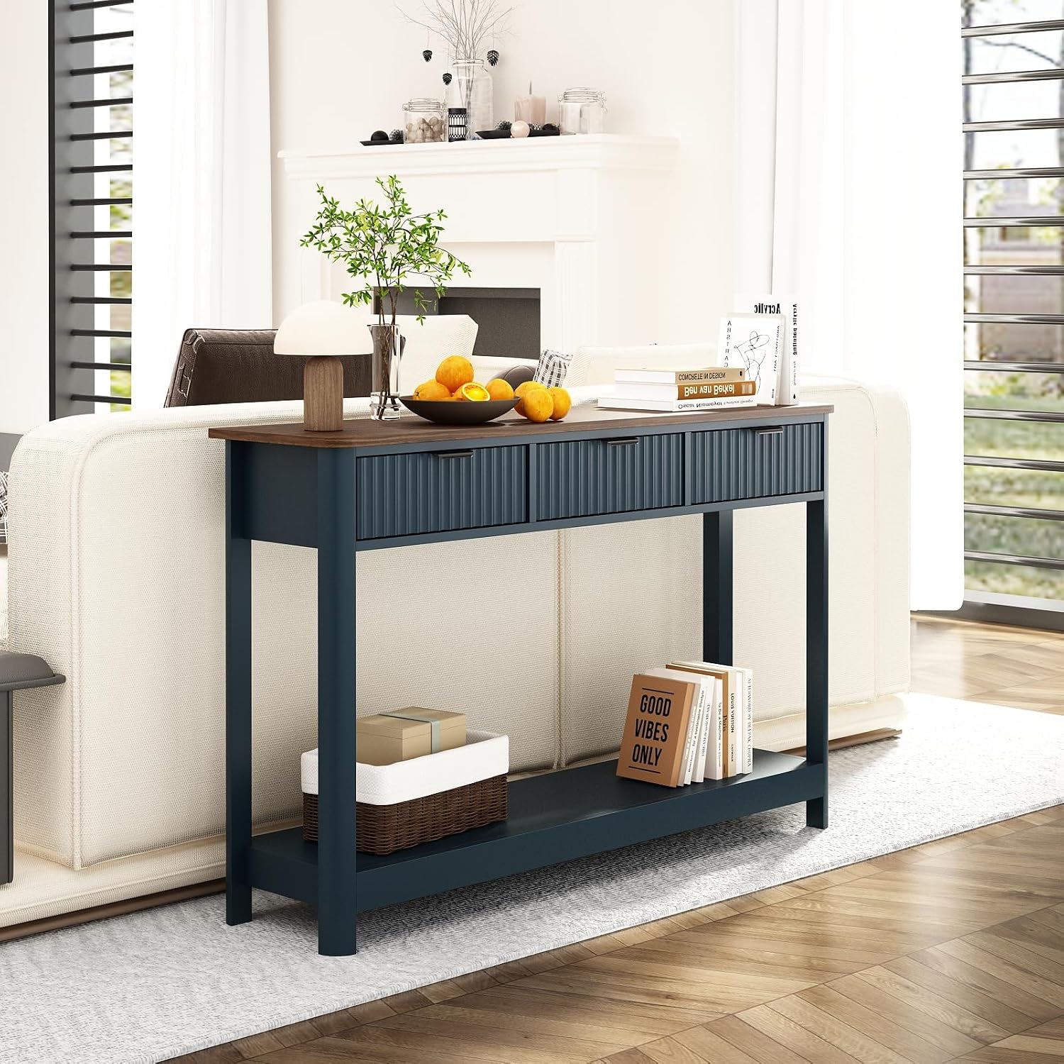 RUSTOWN Fluted Wood Console Table with 3 Drawers, 47.2' Modern Farmhouse Sofa Table & Entryway Table with Open Storage Shelf, Narrow Hallway Table for Living Room, Foyer and Hallway (Navy Blue)