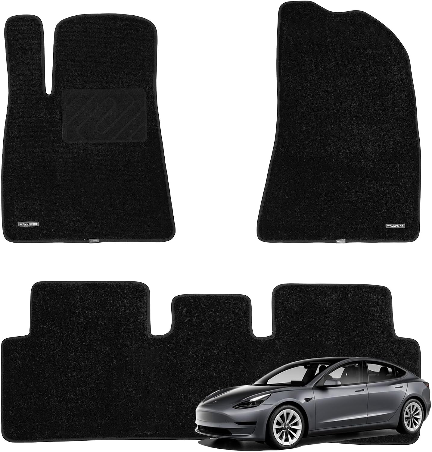 WENNEBIRD Superior Carpet Floor Mats for 2017-2023 Tesla Model 3 (Not for Highland), 0.6-Inch Ultra-Thick, Noise-Reducing, All-Weather Waterproof Anti-Slip – 3-Pc Set