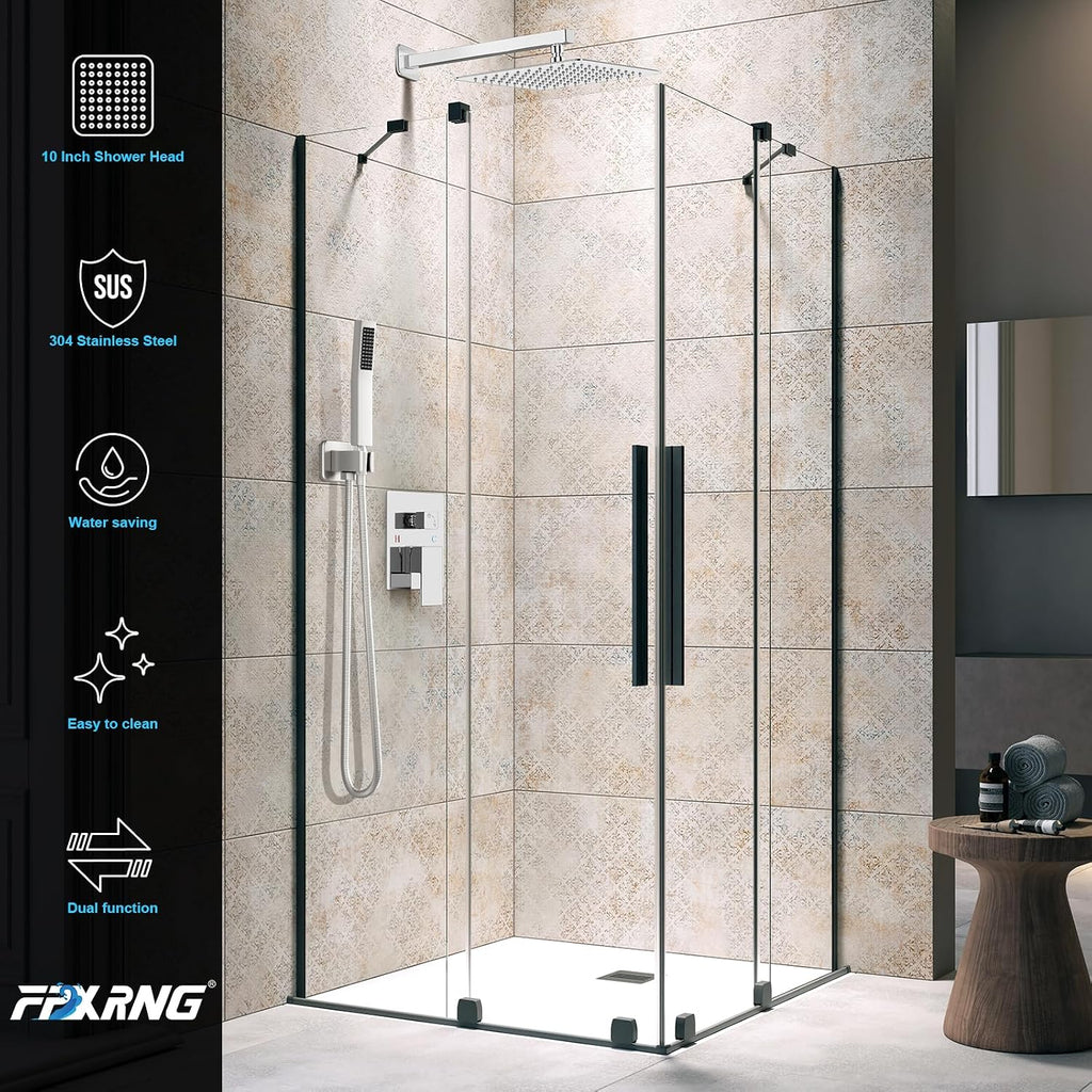 FPXRNG Shower Faucet Set Bathroom Square Rain Shower Head and Handle Set, Wall Mounted Shower Fixtures, Full Metal Trim Repair Kit 12 inch Polished Chrome (With Shower Valve)