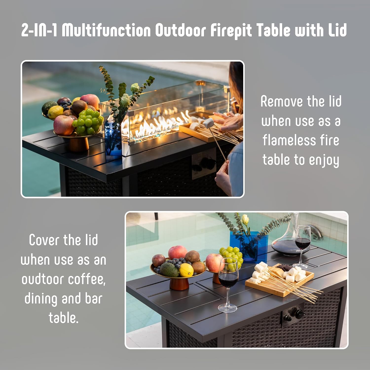 Werph 43' Propane Fire Pit Table with Rattan Fence, 50,000 BTU Gas Fire Pits for Outside Patio with Auto-Ignition, 2-in-1 Fire Table with Natural Lava Rock, Wind Guard& Removable Lid, Black