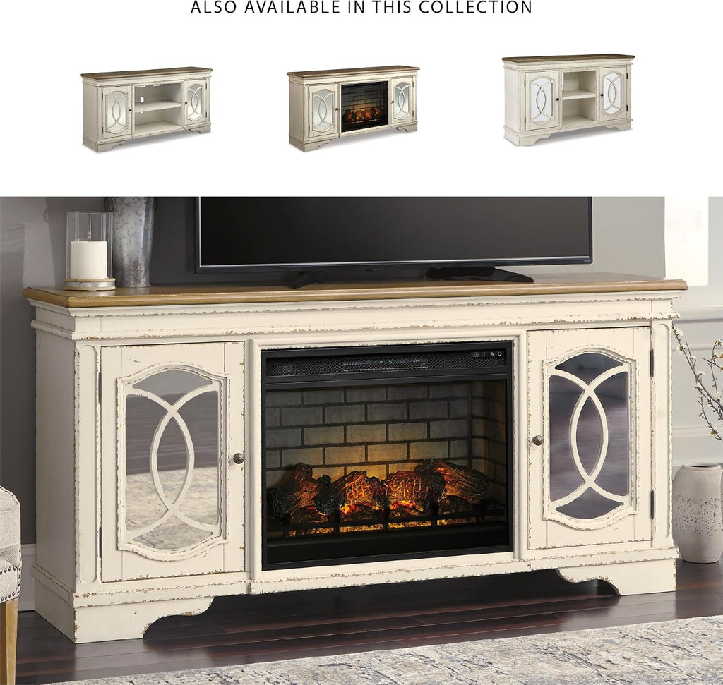 Signature Design by Ashley Realyn Vintage Casual TV Stand with Electric Fireplace, Heats Larger Rooms, Bronze Hardware, Wood, 74' Wide, White & Brown