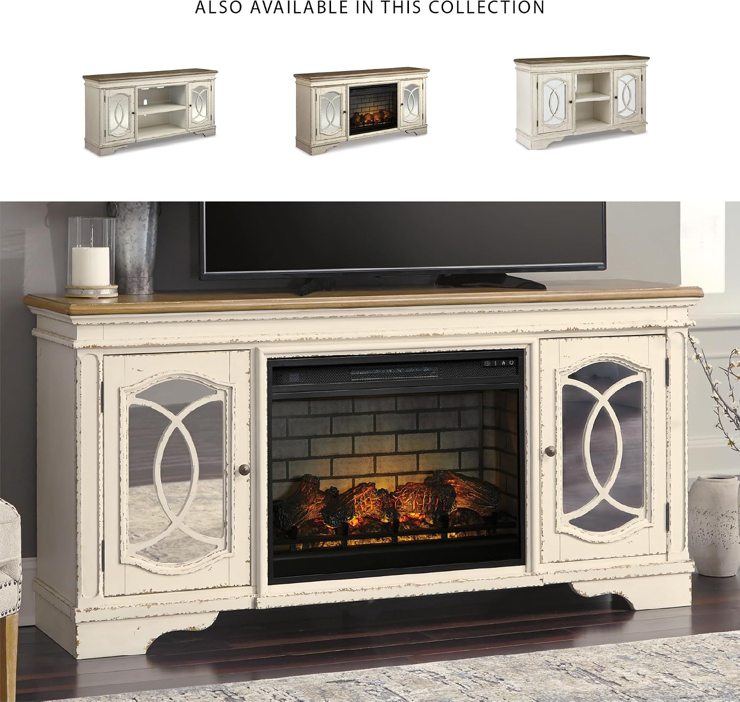 Signature Design by Ashley Realyn Vintage Casual TV Stand with Electric Fireplace, Heats Larger Rooms, Bronze Hardware, Wood, 74' Wide, White & Brown