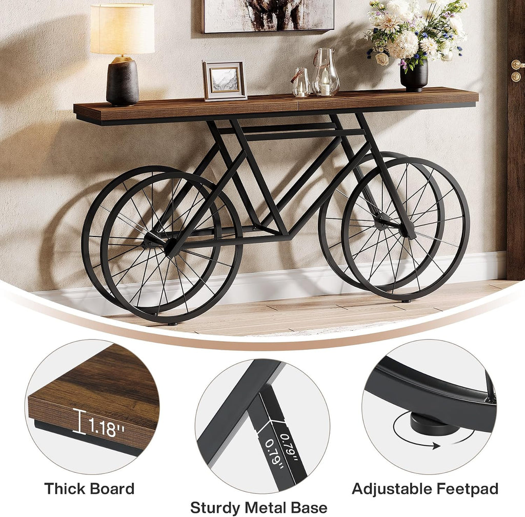 Tribesigns Extra Long Console Table, 70.9-Inch Narrow Sofa Table Behind Couch with Bicycle Metal Base, Industrial Entryway Table for Entrance, Hallway, Living Room, Brown