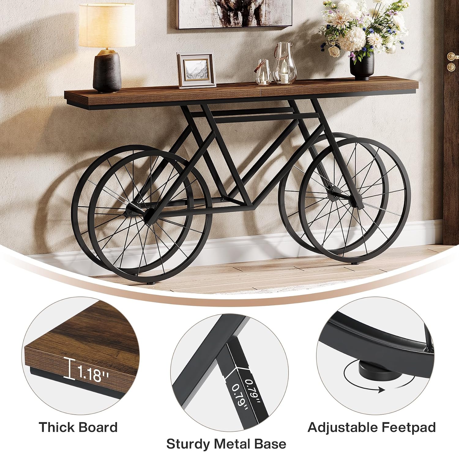 Tribesigns Extra Long Console Table, 70.9-Inch Narrow Sofa Table Behind Couch with Bicycle Metal Base, Industrial Entryway Table for Entrance, Hallway, Living Room, Brown