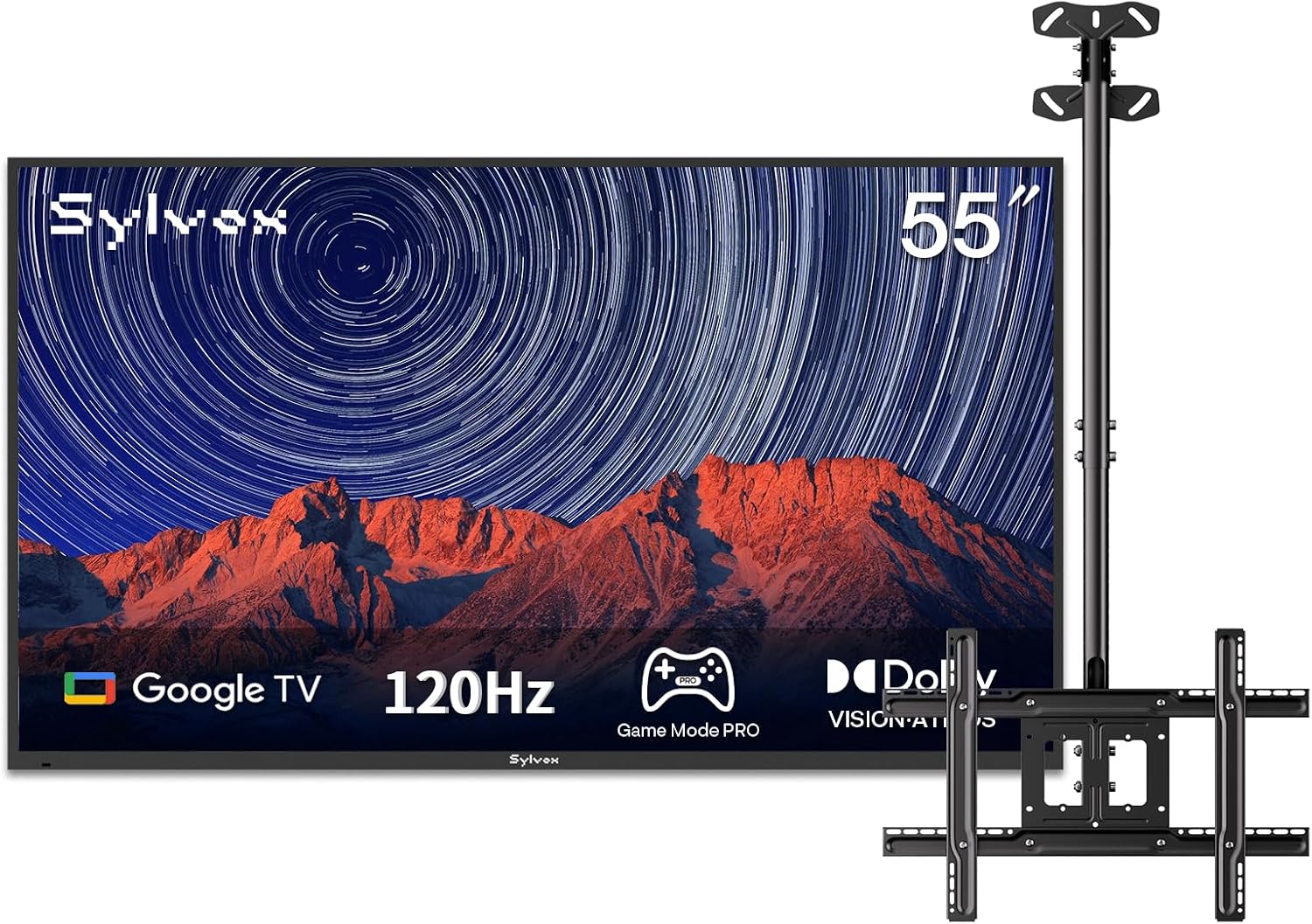 SYLVOX Outdoor TV with Ceiling Mount & Cover, 55 inch 120Hz 4K Smart TVs, Weatherproof & IP55 Waterproof, Compatible with Google & Dolby Atmos, HDMI 2.1 & USB 3.0, 1000 Nits Outside TV for Gaming