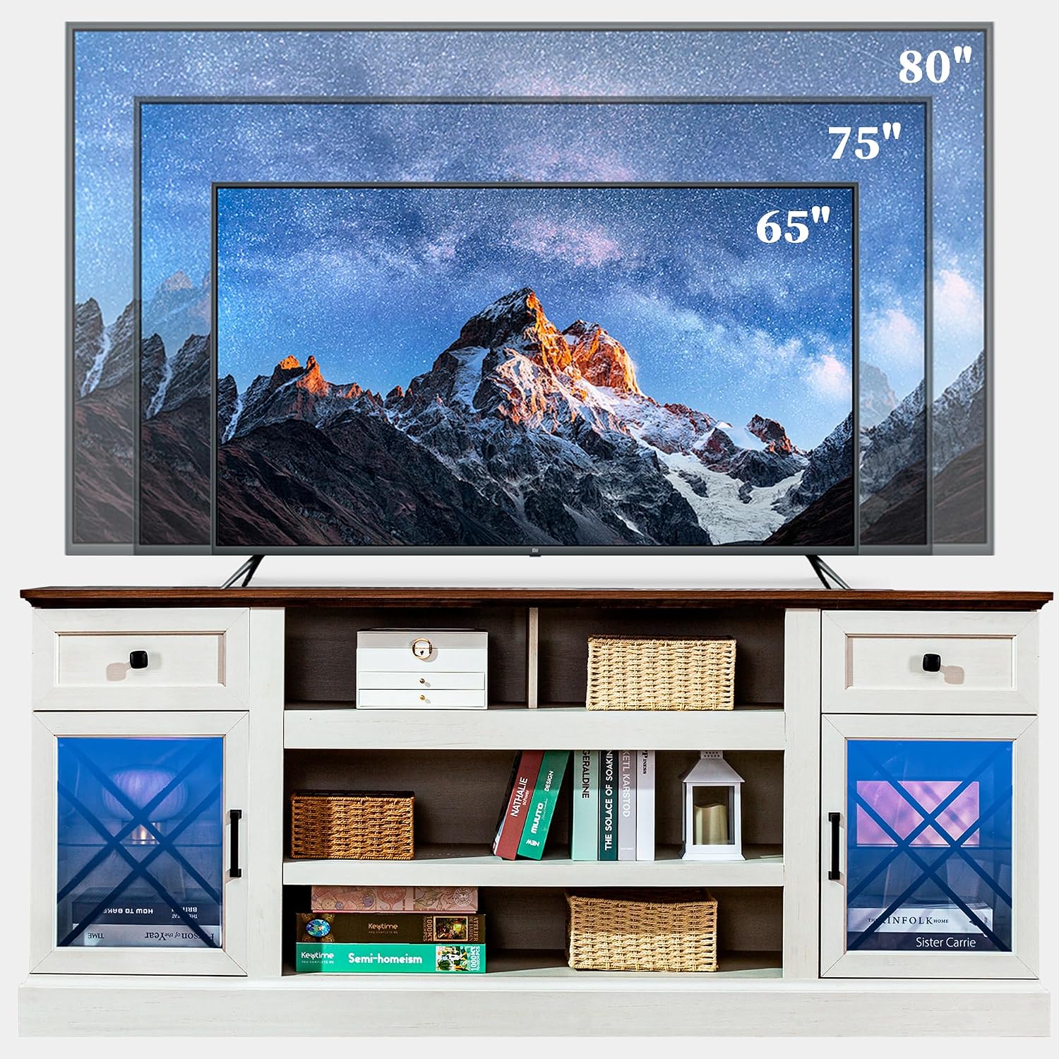 70 Inch Farmhouse TV Stand Table for 75/80 inch TV, Modern Entertainment Center with LED Lights and 2 Drawers, Wooden TV Stands for Living Room (Antique White)