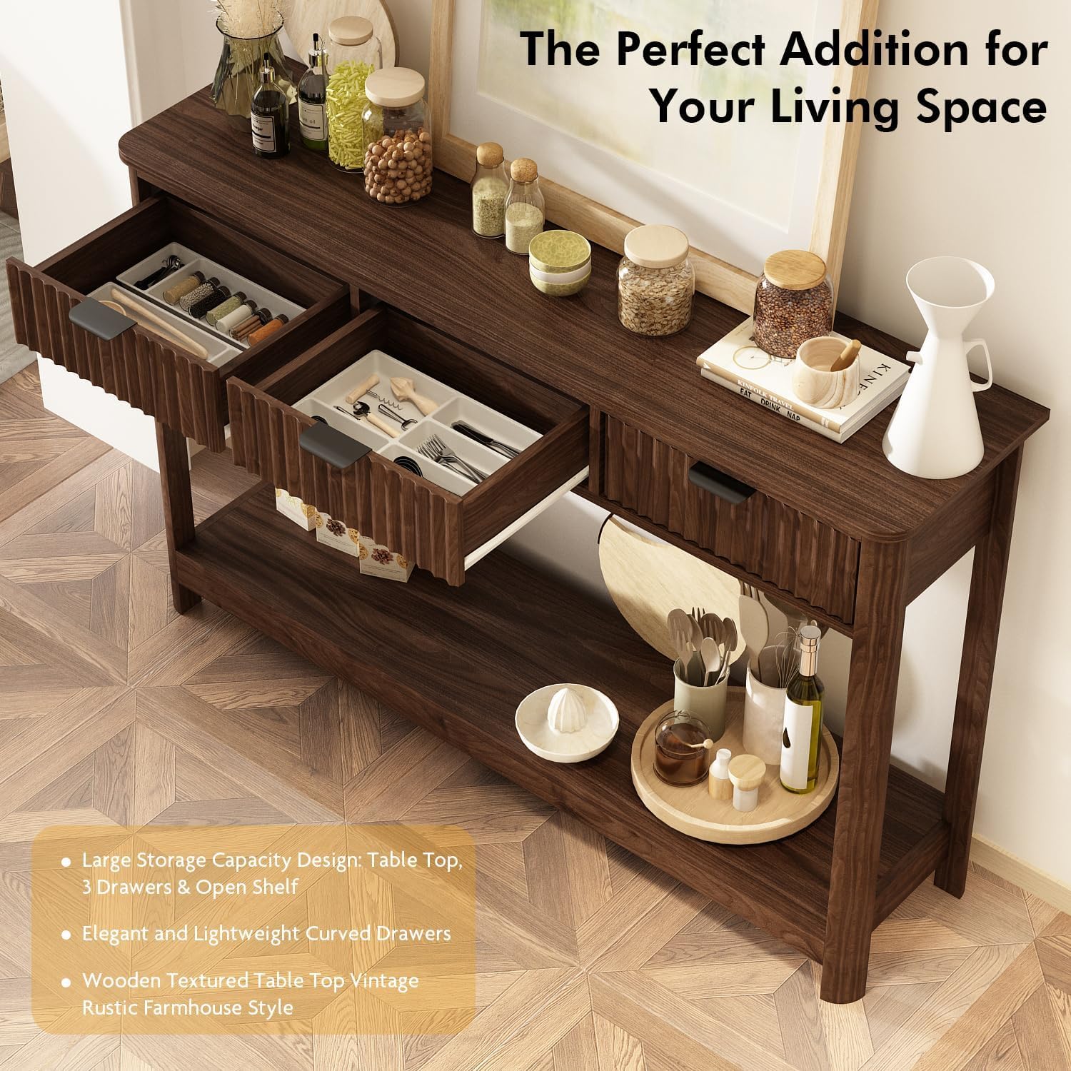RUSTOWN Fluted Wood Console Table with 3 Drawers, Boho Narrow Behind Couch Entryway Table with Open Storage Shelf, Modern Sofa Table for Living Room, Foyer and Hallway (Dark Walnut)