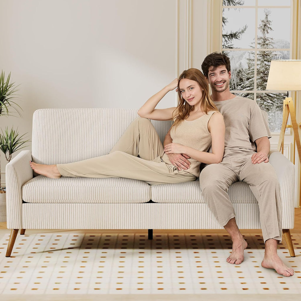 Vipbear 68' Loveseat Sofa - Cream White, Comfy Corduroy with Spring Cushion, Solid Wood Frame, Modern Deep Seat, Bedroom & Living Room, Office Small Couch