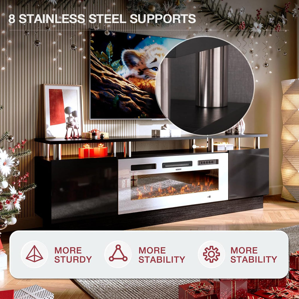 MXV 70' Fireplace TV Stand, Modern Entertainment Center & 36 Inch Electric Fireplace with Remote Control, LED Light, Fire Place Tv Stand for Living Room for TVs up to 80', Black + White