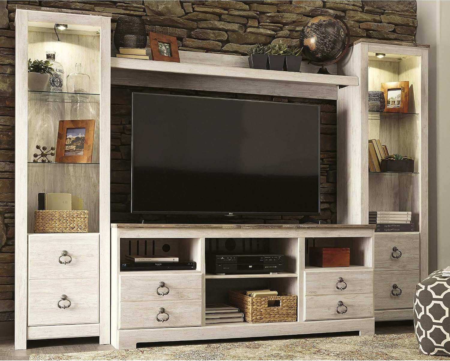 Signature Design by Ashley Willowton Farmhouse 3-Piece Entertainment Center for TVs up to 73' with LED Lighting, Whitewash