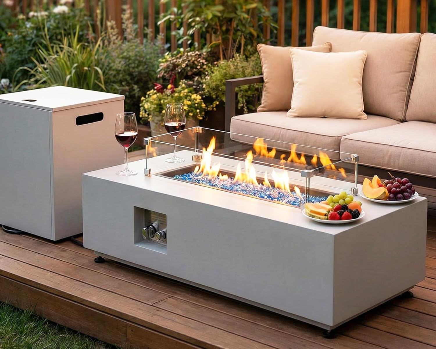BULEXYARD 42'' Rectangle Propane Fire Pit Table, Low-Profile Outdoor Fireplace with Tank Table & Rain Cover, 50,000 BTU CSA Certified, Modern Patio Fire Table for Backyard, Porch & Deck, Light Grey