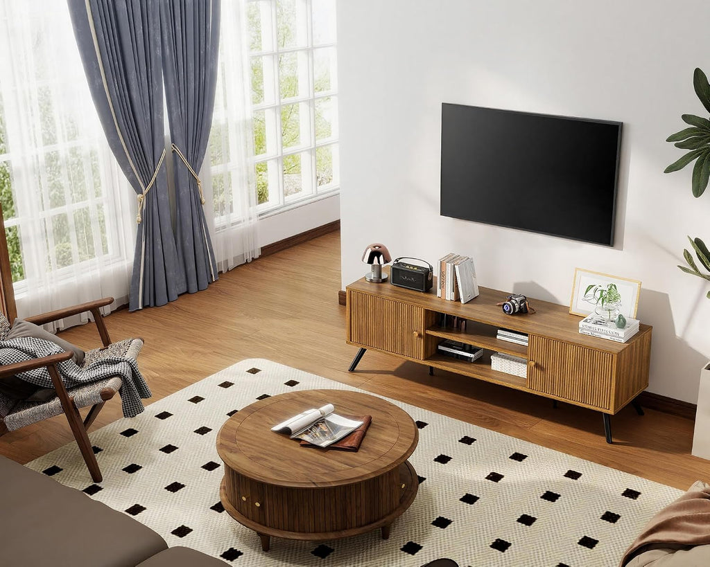 COMHOMA TV Stand for Living Room, Mid Century Modern Entertainment Center for 55/60/65 Inch TVs, Retro Brown TV Console with Fluted Door Cabinets and Open Adjustable Shelve Storage for Bedroom (59In)