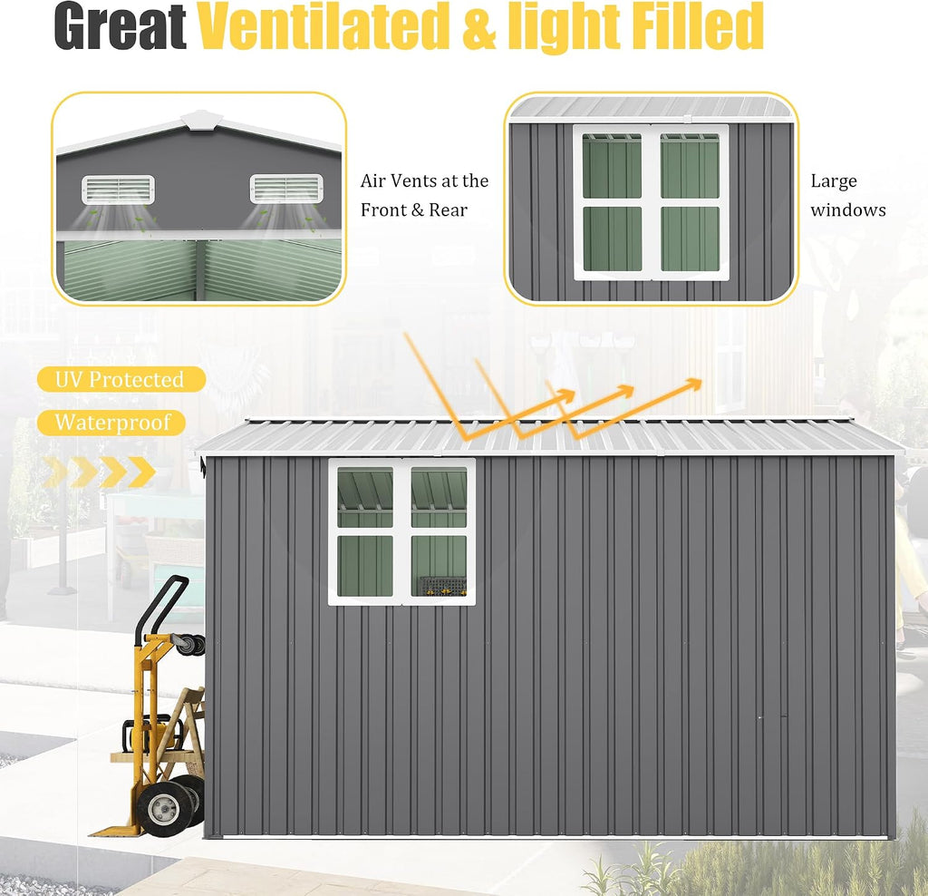 KEIKI 10x12 FTOutdoor Storage Shed, Extra Large Metal Shed with Lockable Doors, Windows, Outside Steel Tiny House Ideal for Garden, Backyard, Patio Utility, Tool Storage, Chicken Coops, Dark Gray