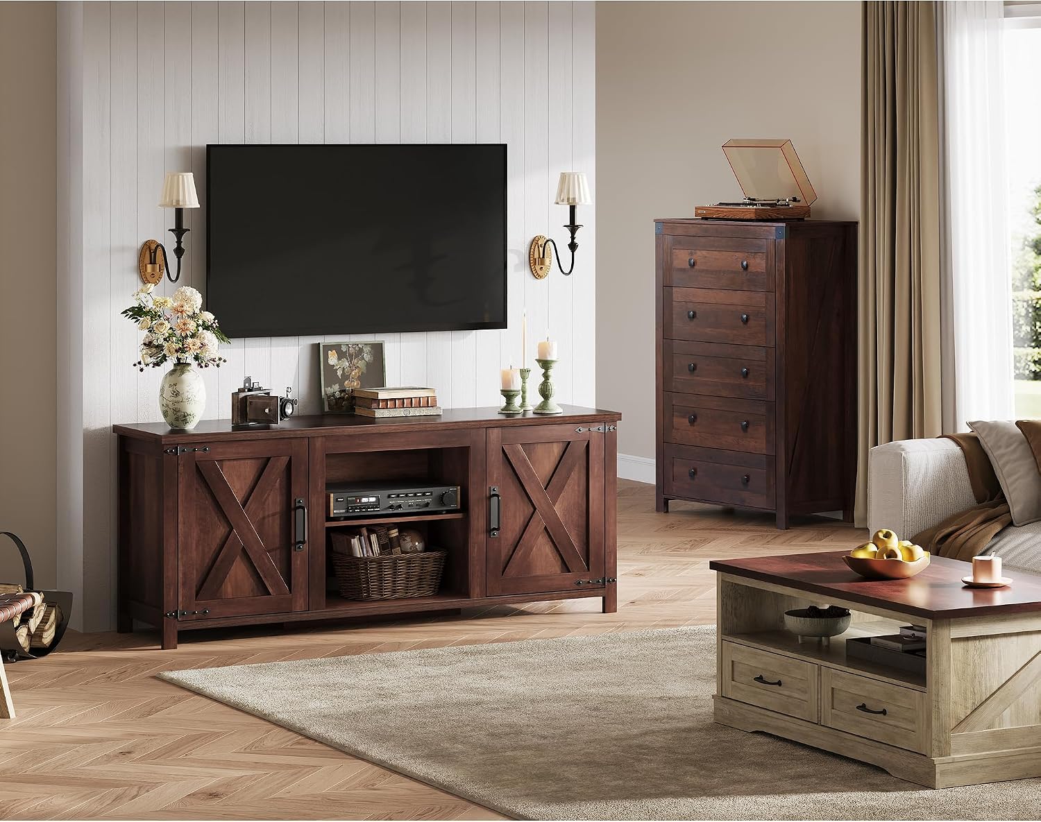WLIVE Modern Farmhouse TV Stand for TVs up to 65', Entertainment Center with X-Shaped Barn Doors, Large Storage Media TV Console with Adjustable Shelves & Cable Holes for Living Room, Brown