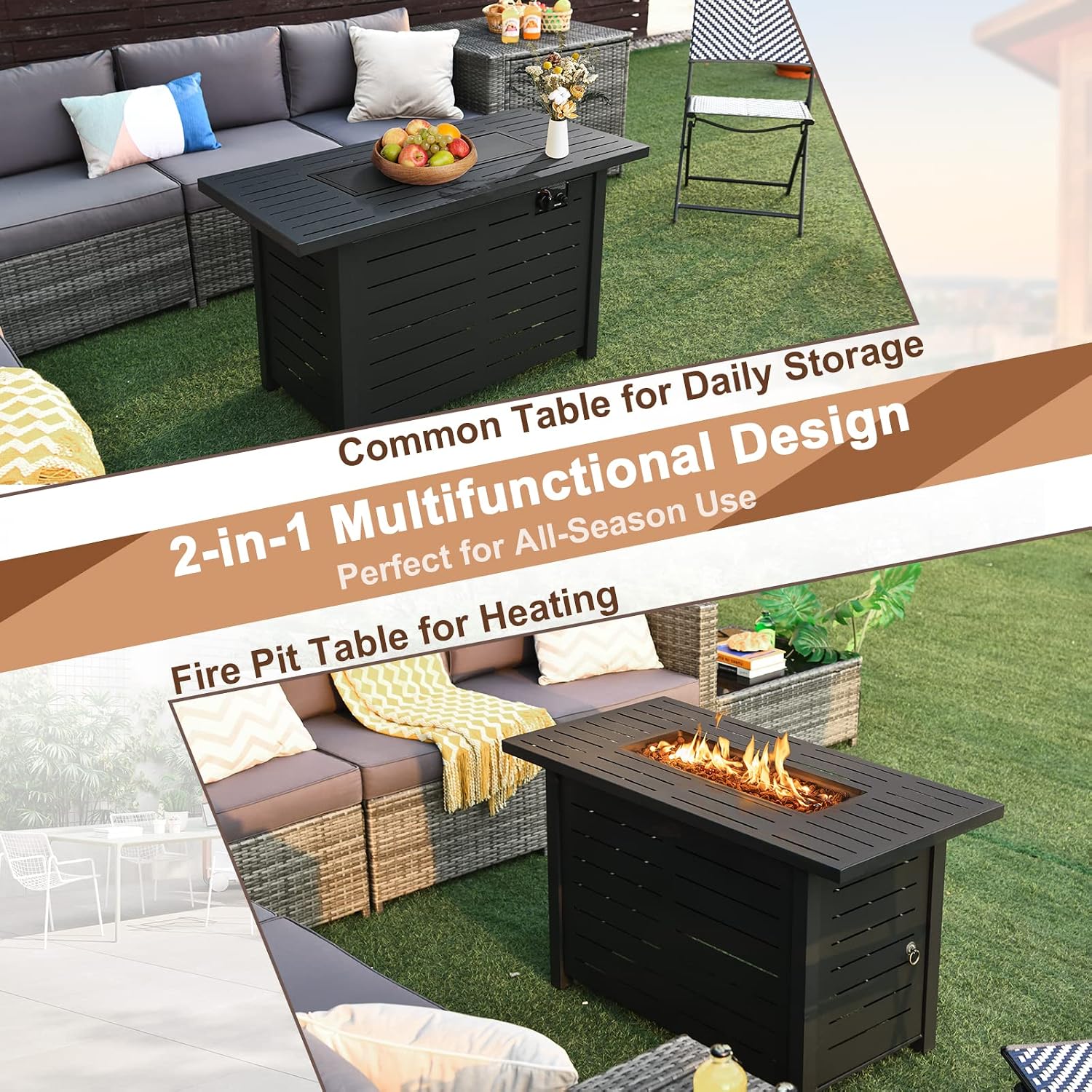 Tangkula Outdoor 60,000 BTU Fire Pit Table, Patiojoy 42 Inch Rectangular Propane Gas Fire Table with Solid Steel Frame, Electric Ignition, Includes Lava Rocks & Protective Cover for Poolside, Backyard