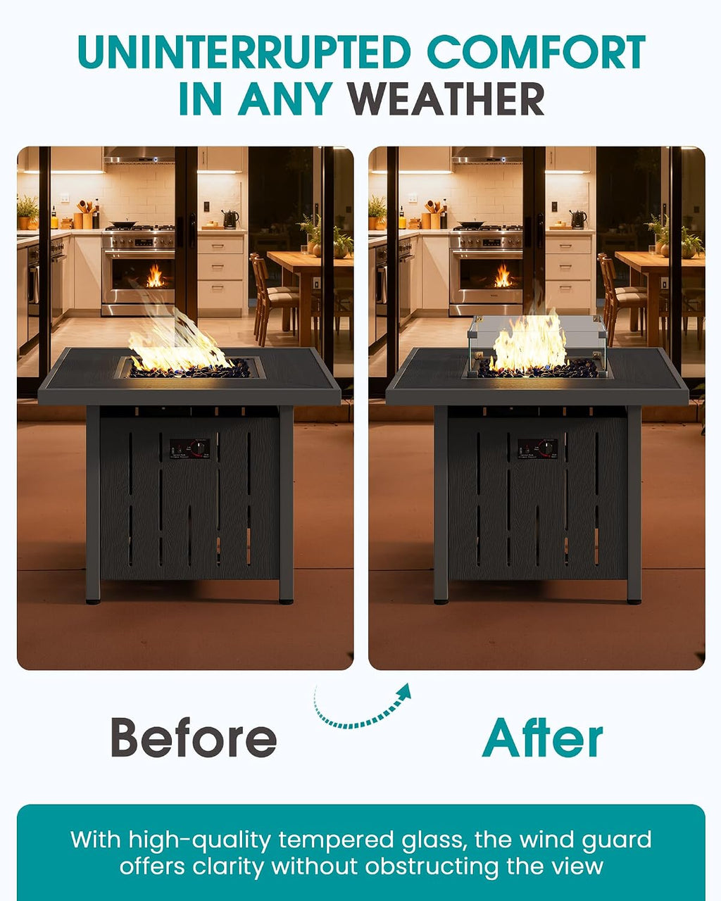 SERWALL 33' Outdoor Fire Pit Table, 50,000 BTU Square Propane Fire Pit Table with Lid, Glass Rock & Glass Wind Guard, HDPE Outdoor Furniture for Patio, Garden, Backyard, Black