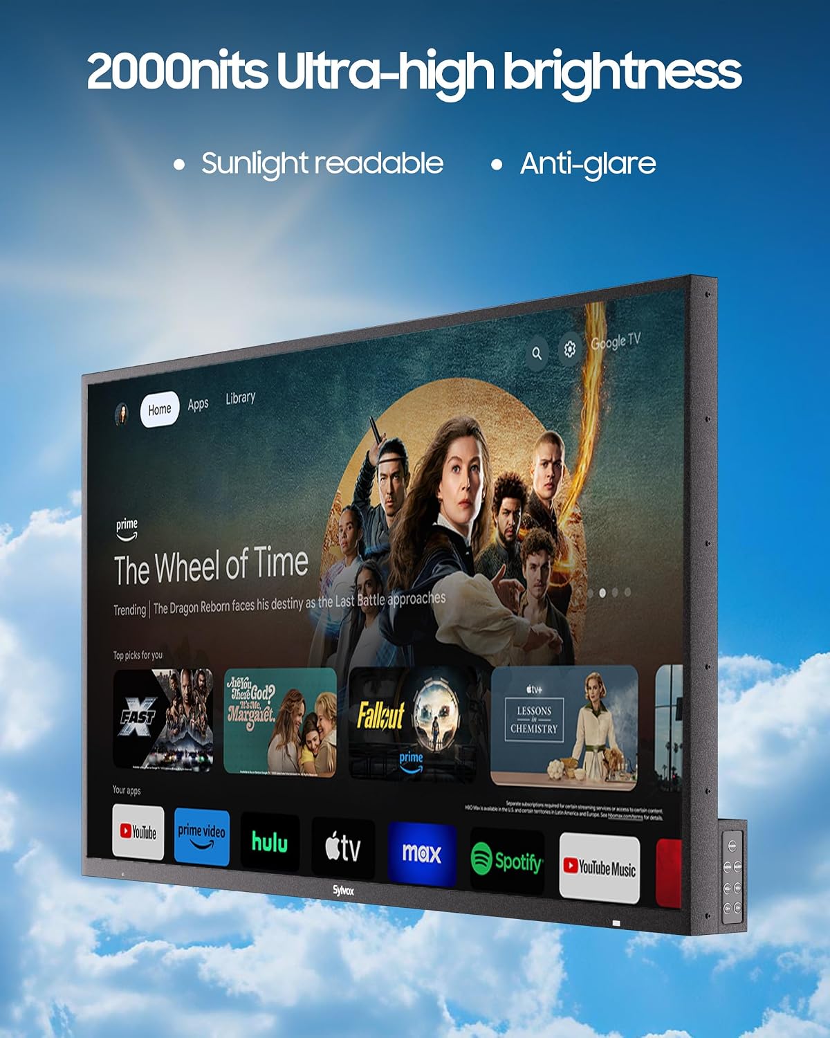 SYLVOX Outdoor TV with Rolling Stand, 55 inch 2000 Nit Full Sun Smart TVs, Sunlight Readable, IP56 Waterproof, 4K TV for Outdoor Households or Commercial Places
