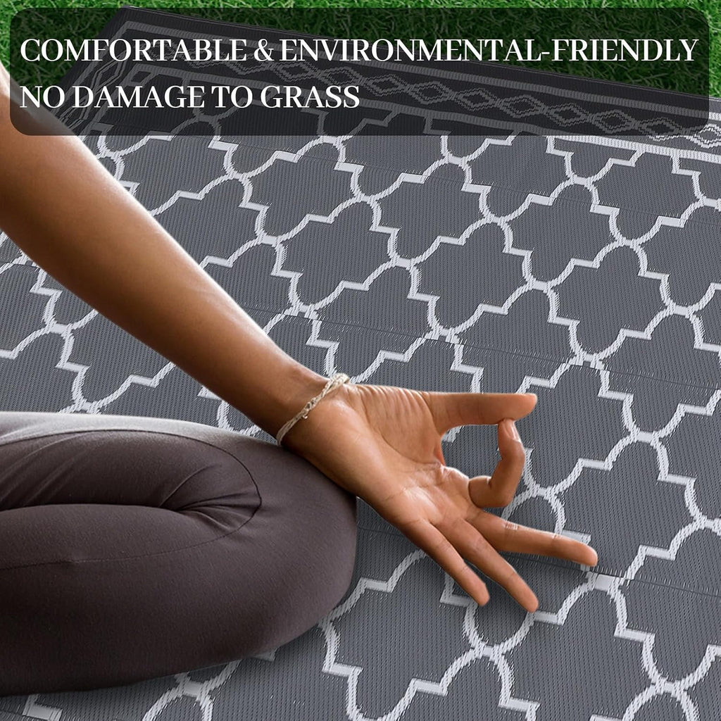 Outdoor Rug 10x20 Patio Waterproof, Foldable Reversible Outdoor Plastic Straw Rug Trellis Mat for Camper Outside Carpet for Rv, Deck, Porch, Picnic, Beach, Balcony Trellis|Grey&White