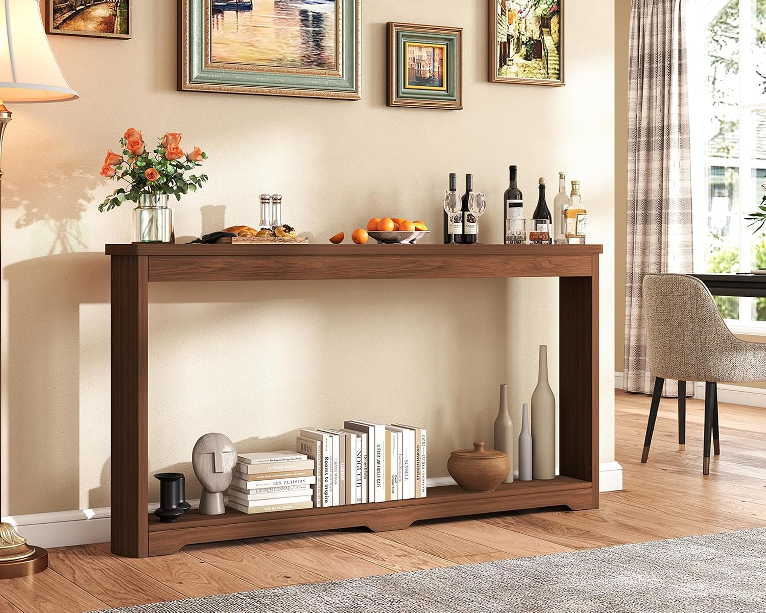 Rovibek Modern 70 Inch Entryway Table Narrow - Behind Sofa Table Narrow, 8 Inch Deep Console Table Behind Couch with Open Storage, Walnut Entryway Table for Hallway, Foyer, Living Room