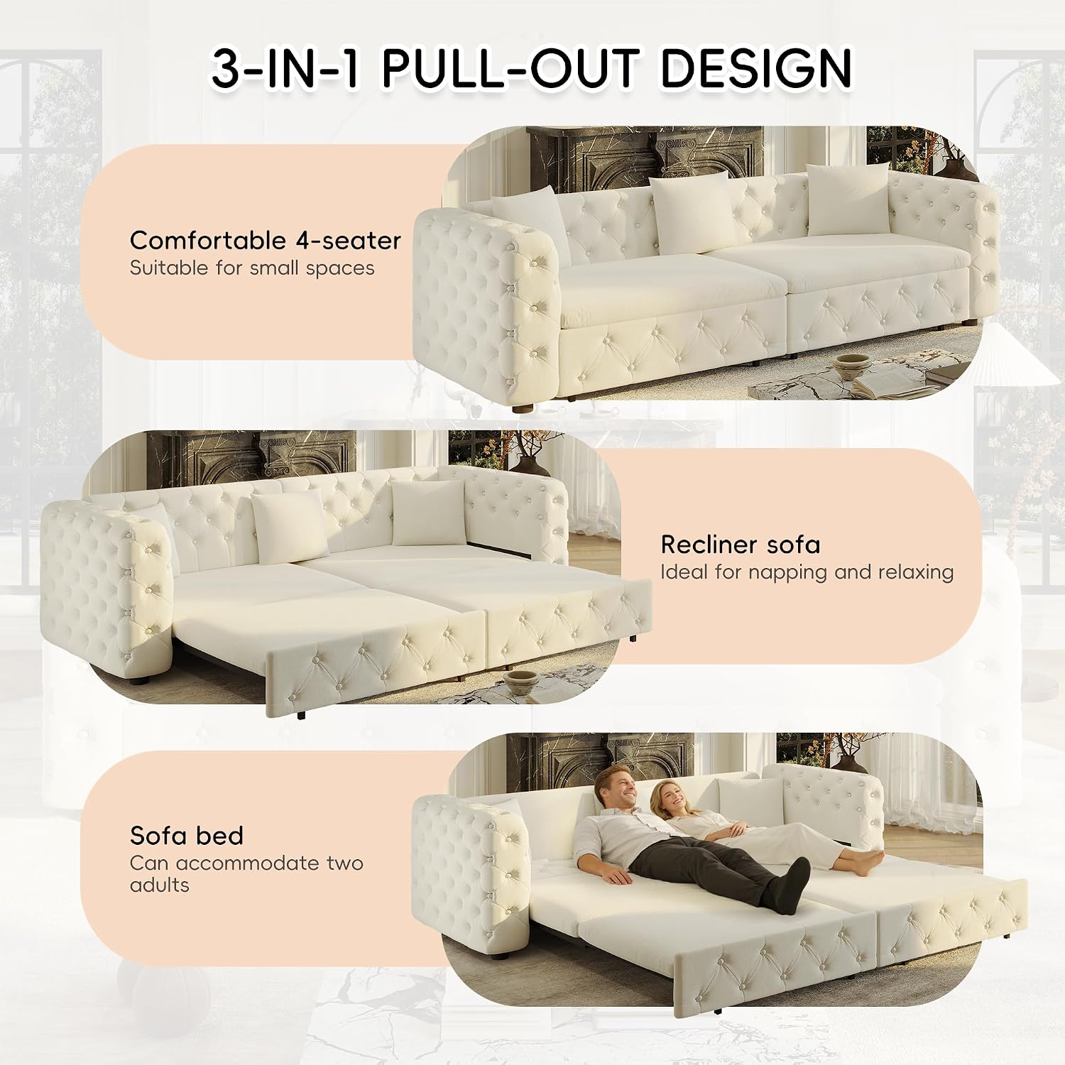 89' King Size Sleeper Sofa Bed, 3-in-1 Convertible Pull Out Chesterfield Sleeper Couch, Oversized Velvet Button Tufted Loveseat Sofa for Living Room Small Spaces, Beige White
