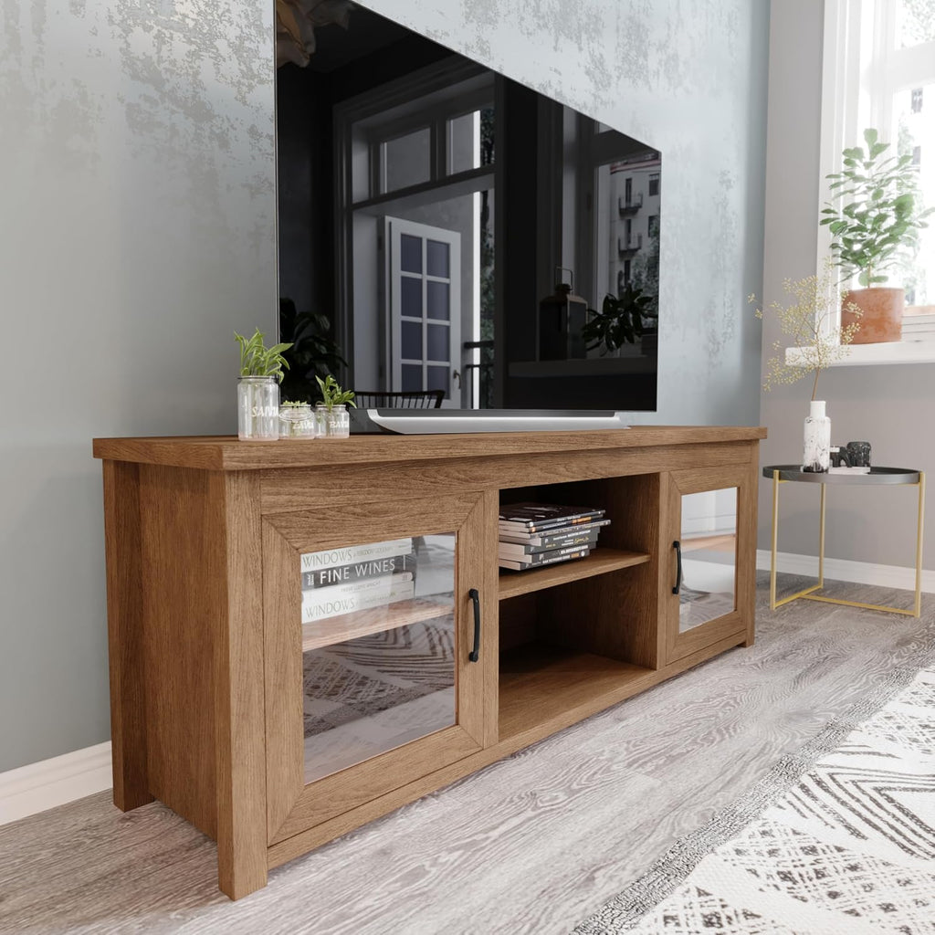 Flash Furniture Sheffield TV Stand for up to 80' TVs - Modern Walnut Finish & Full Glass Doors - 65' Engineered Wood Frame - 3 Height Adjustable Shelves