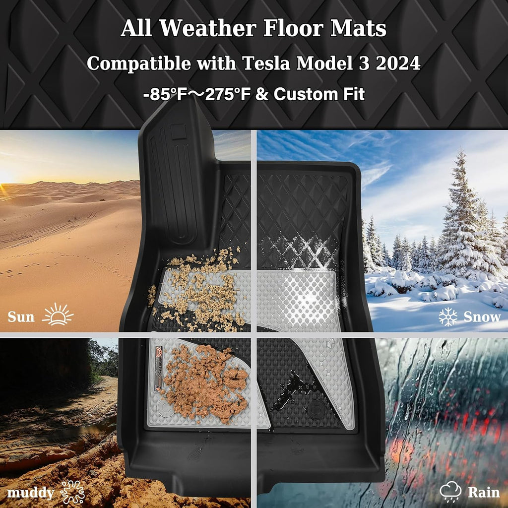 Coverado Floor Mats for 2024 2025 Tesla Model 3, Custom Fit All Weather TPE Cargo Liner Floor Mats Full Set, Waterproof Car Mats Trunk Floor Mat Tesla Model 3 Accessories,Front & Rear