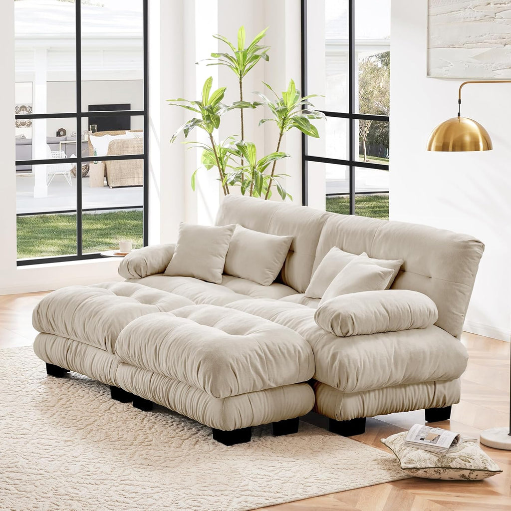 Loveseat Modular Sectional Sofa Cloud Couch, 94.4' Oversized U-Shaped Couch with Ottoman, Modern Deep Seat Sectional Couches for Living Room, Comfy Chenille Sofa Bed with Pillows, Light Coffee